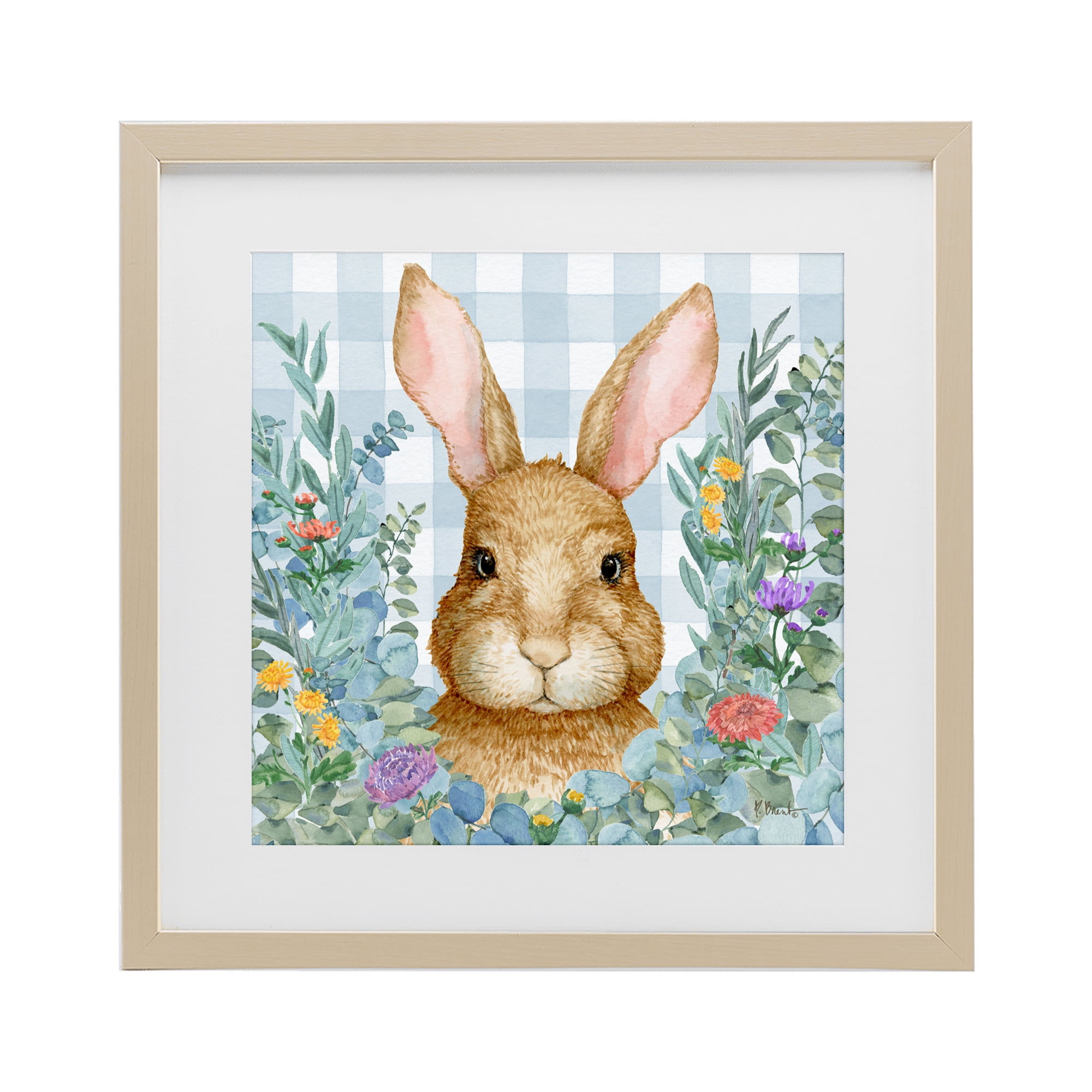 Stupell Industries Rabbit Laurel on Gingham Birch Framed Print Under Glass, design by Paul Brent