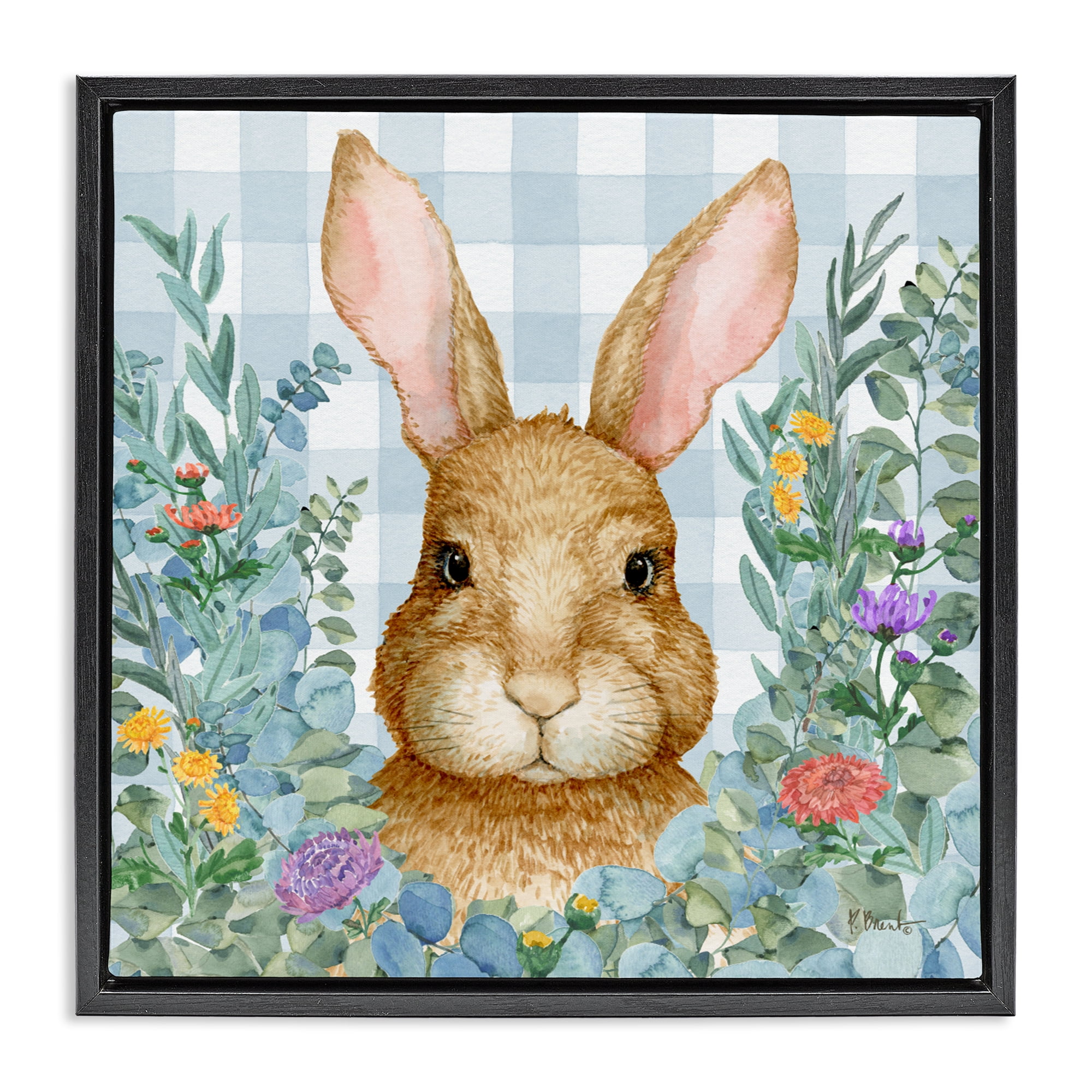 Stupell Industries Rabbit Laurel on Gingham Black Framed Floater Canvas Wall Art, design by Paul Brent