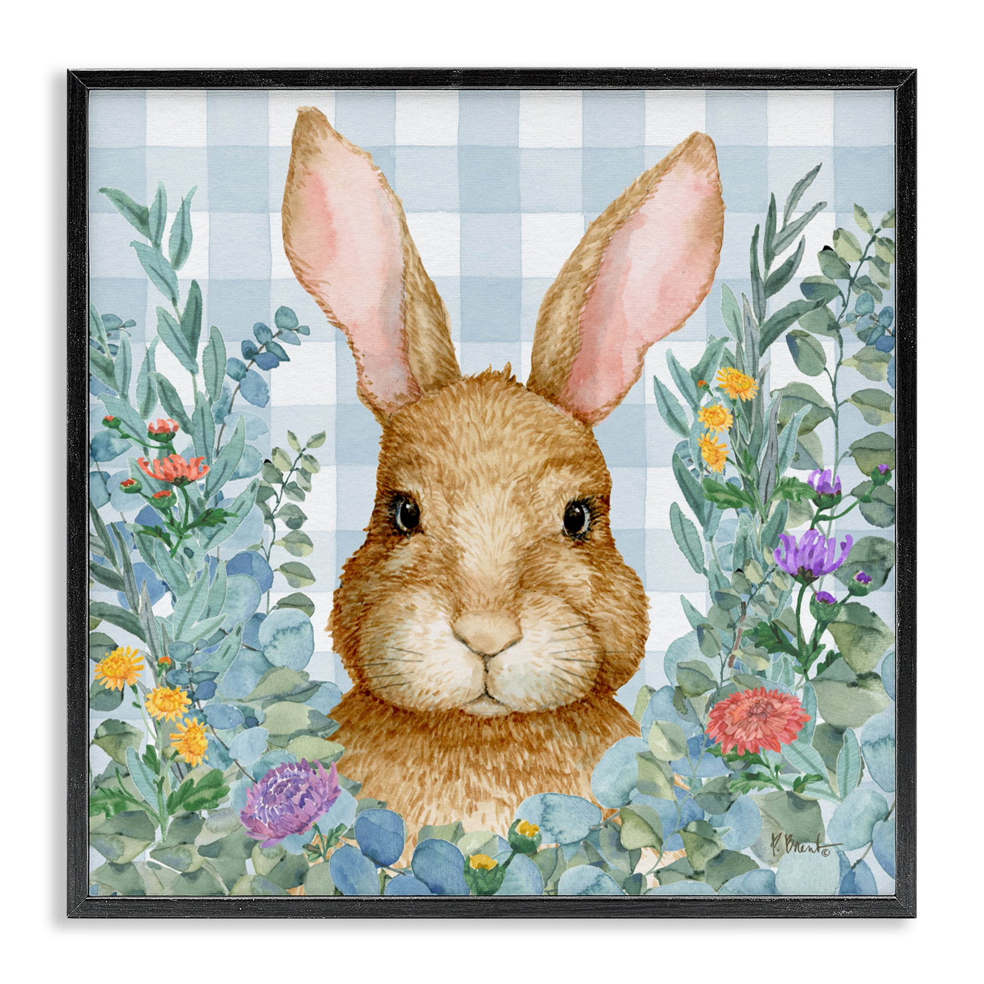 Stupell Industries Rabbit Laurel on Gingham Black Framed Giclee Art, design by Paul Brent