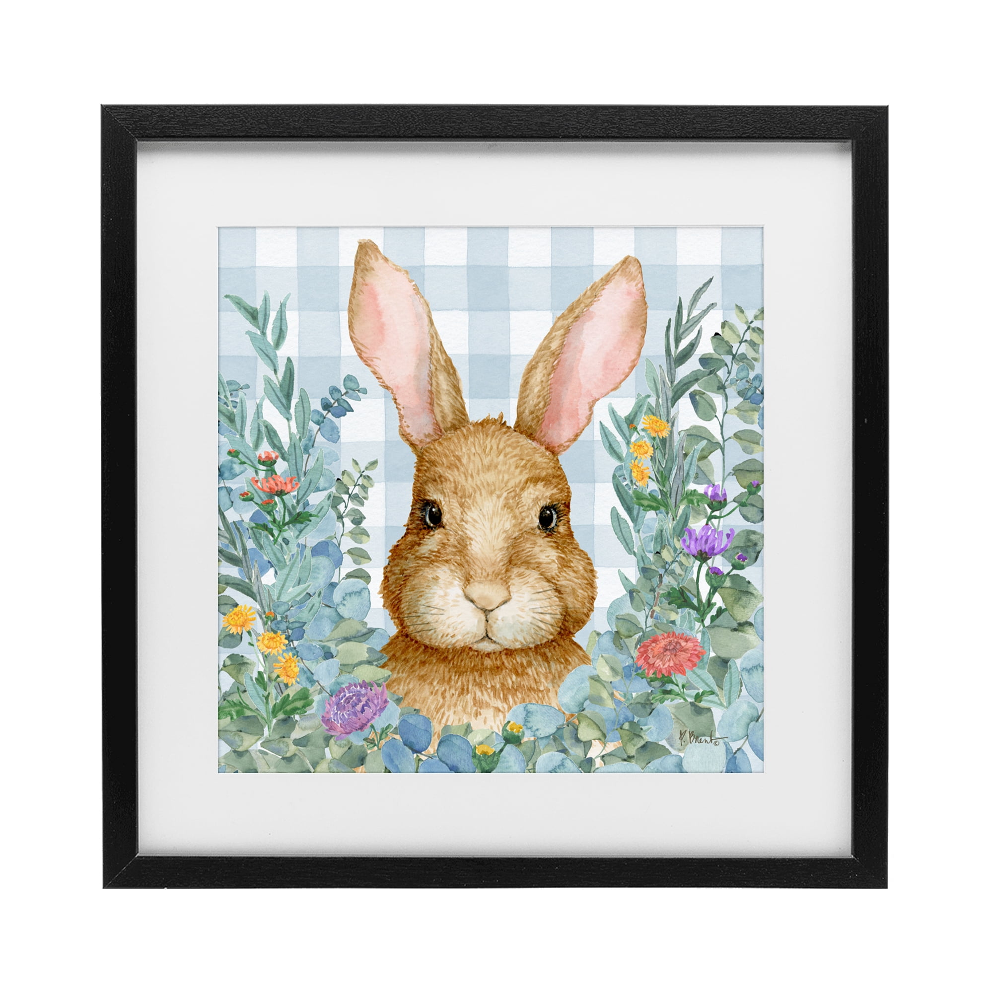 Stupell Industries Rabbit Laurel on Gingham Black Framed Print Under Glass, design by Paul Brent