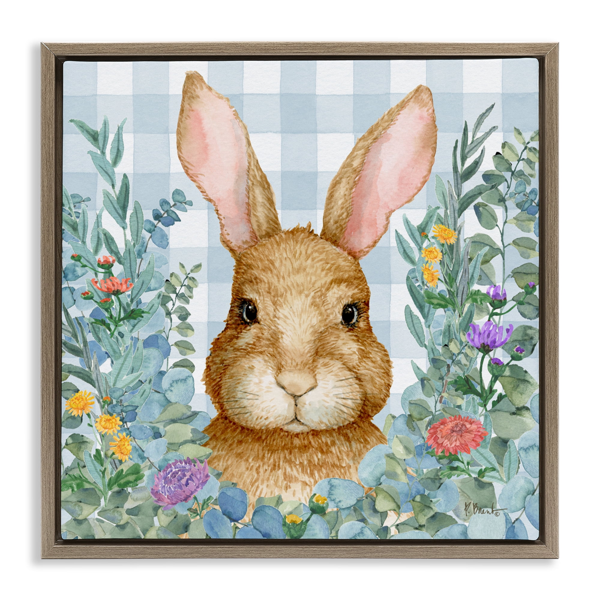 Stupell Industries Rabbit Laurel on Gingham Brown Framed Floater Canvas Wall Art, design by Paul Brent