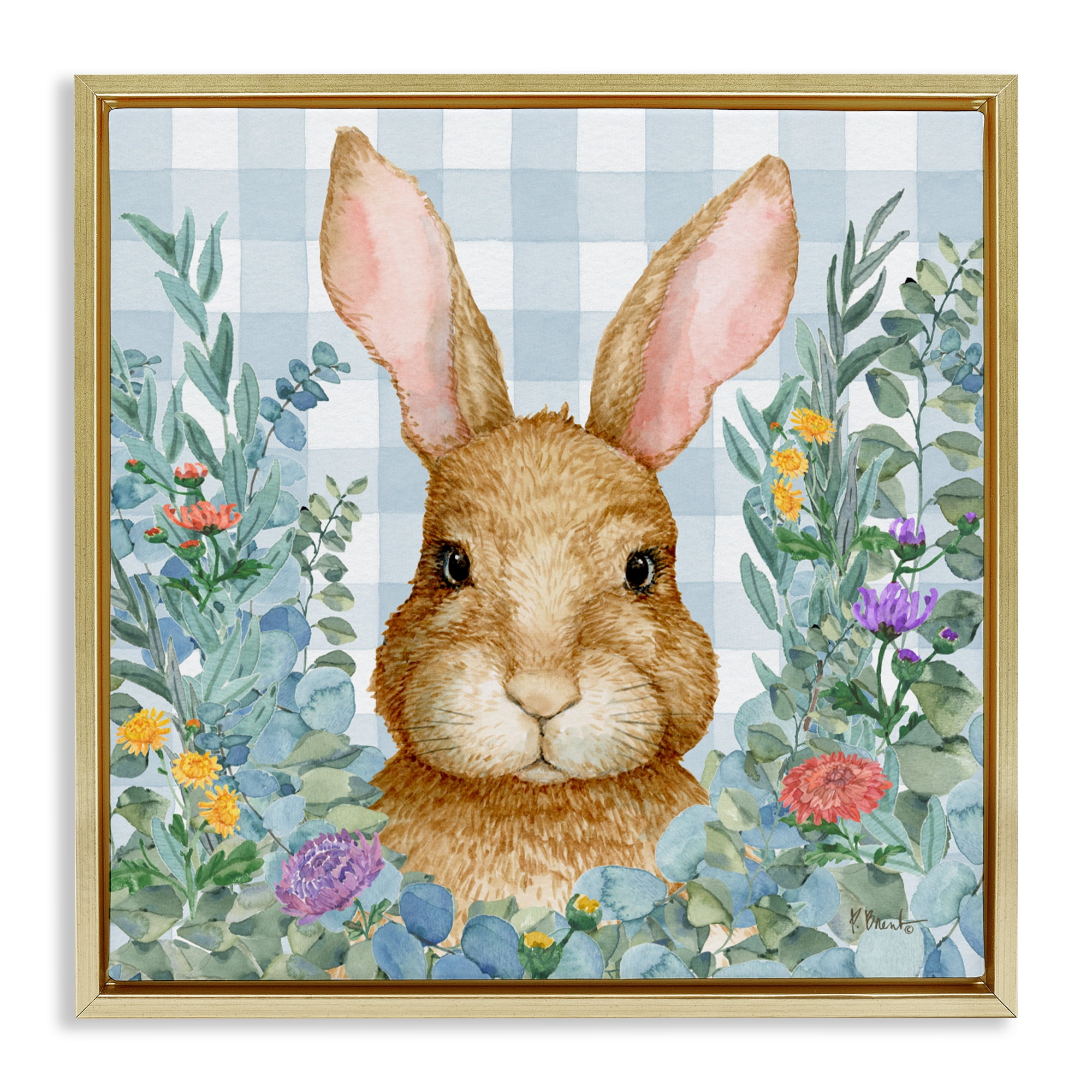 Stupell Industries Rabbit Laurel on Gingham Gold Framed Floater Canvas Wall Art, design by Paul Brent