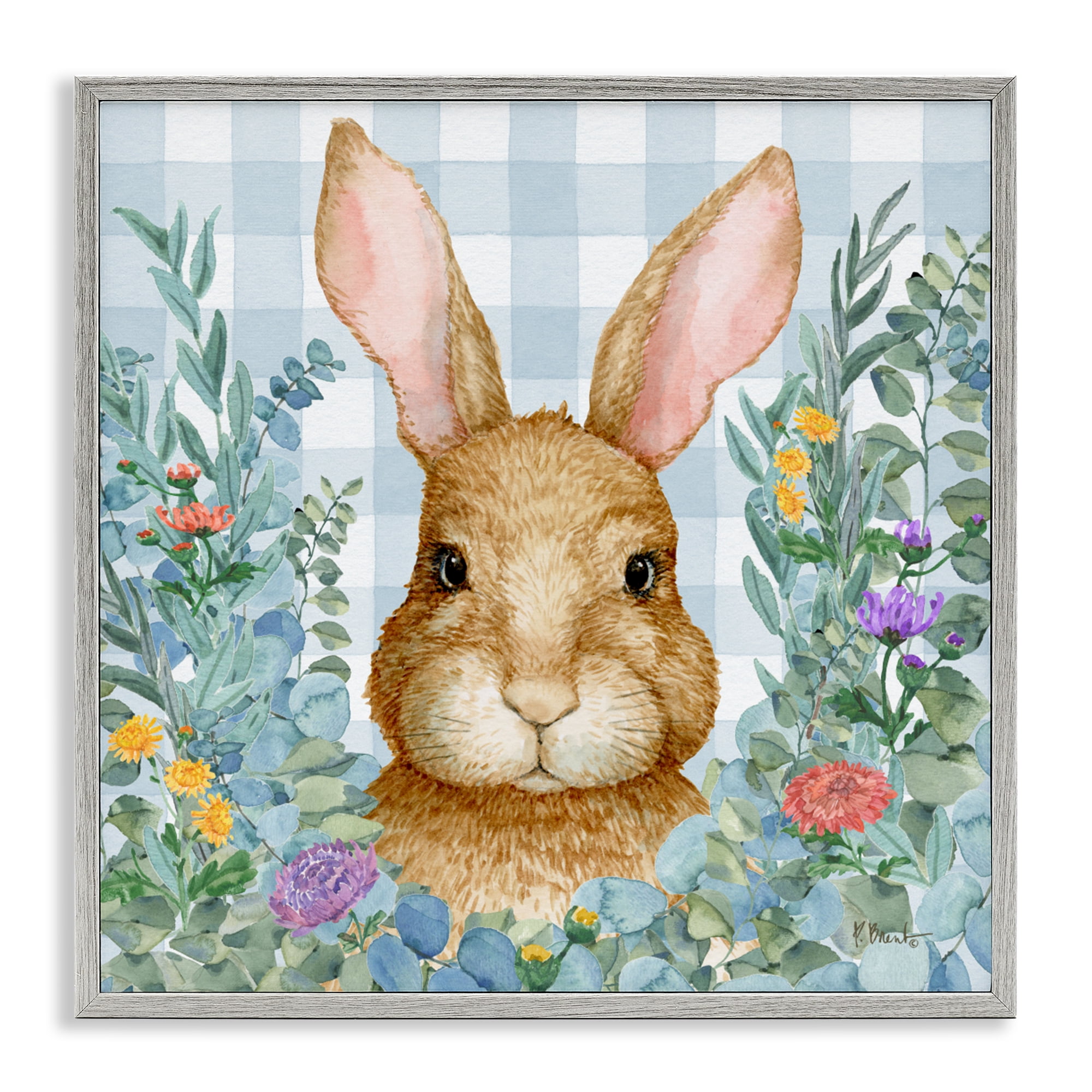 Stupell Industries Rabbit Laurel on Gingham Gray Framed Giclee Art, design by Paul Brent