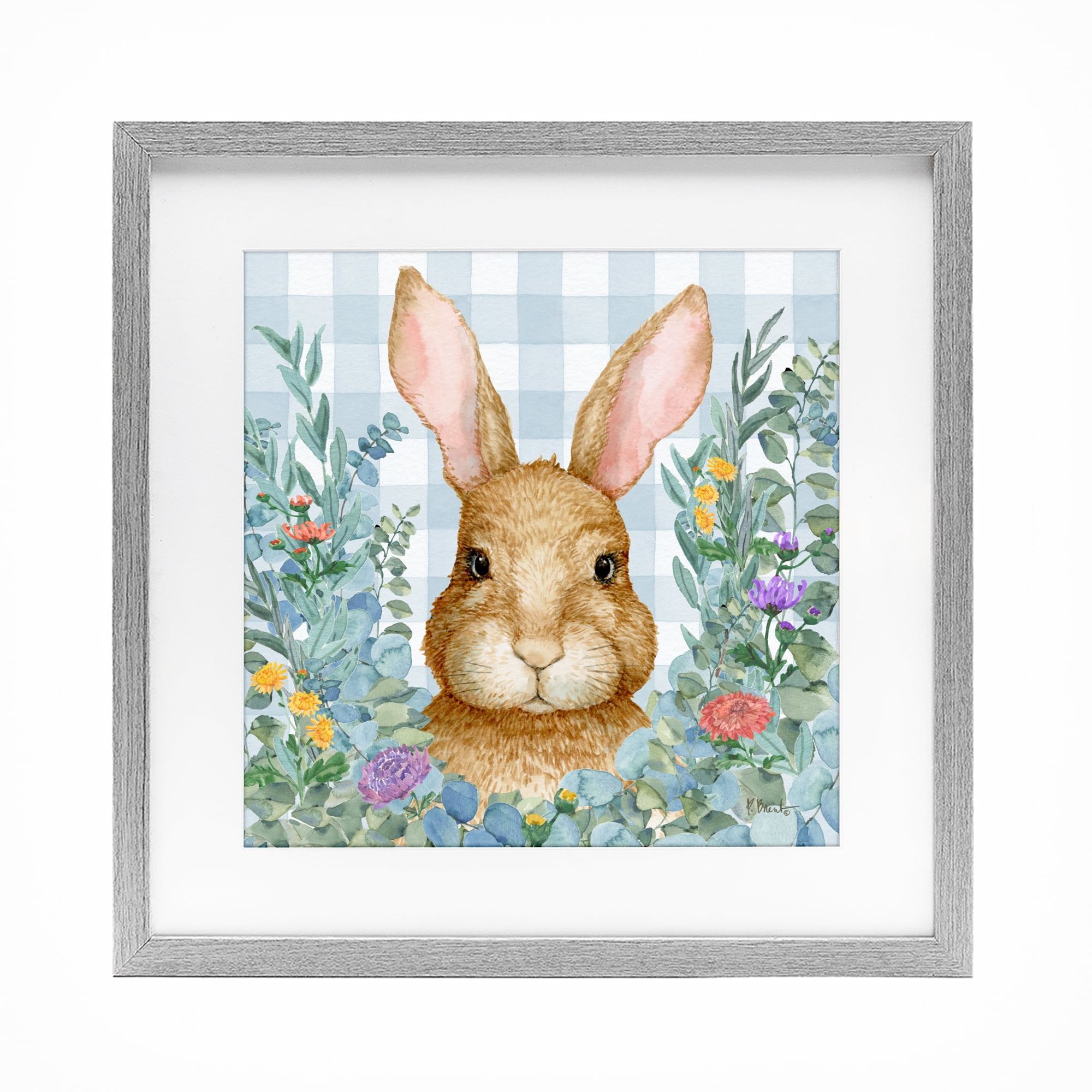 Stupell Industries Rabbit Laurel on Gingham Gray Framed Print Under Glass, design by Paul Brent