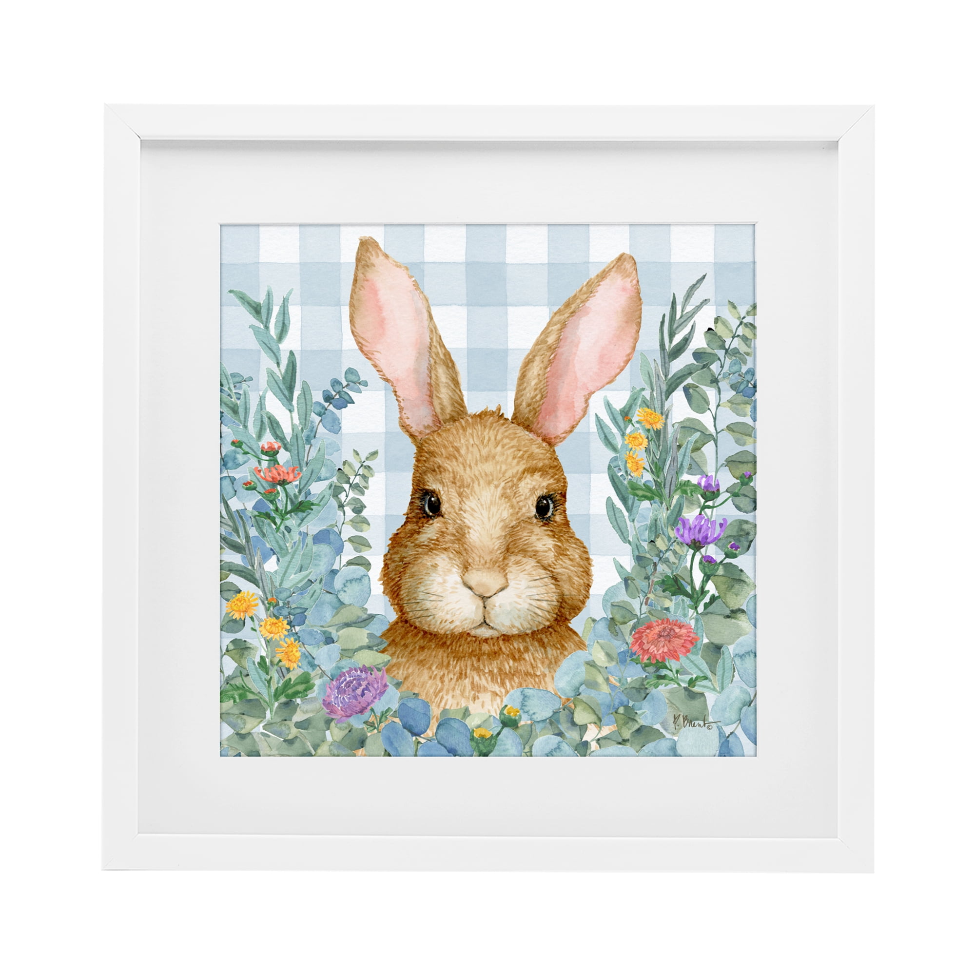 Stupell Industries Rabbit Laurel on Gingham White Framed Print Under Glass, design by Paul Brent