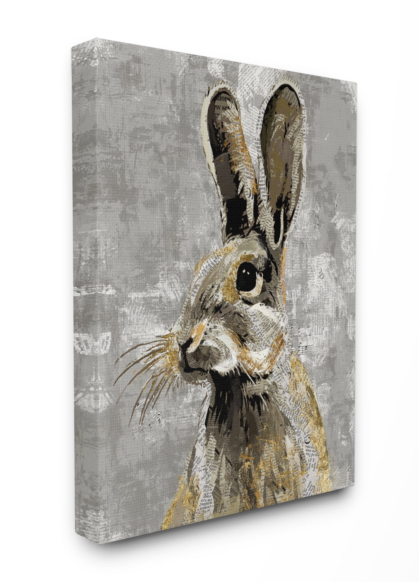 Stupell Industries Rabbit Newspaper Collage Gray Gold Design Canvas Wall Art by Main Line Studio, 36" x 48", Canvas