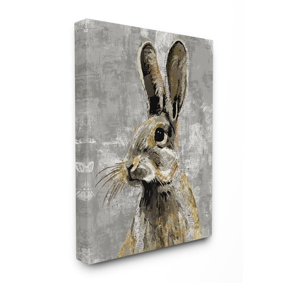 Stupell Industries Rabbit Newspaper Collage Gray Gold Design Canvas Wall Art by Main Line Studio, 36" x 48", Canvas