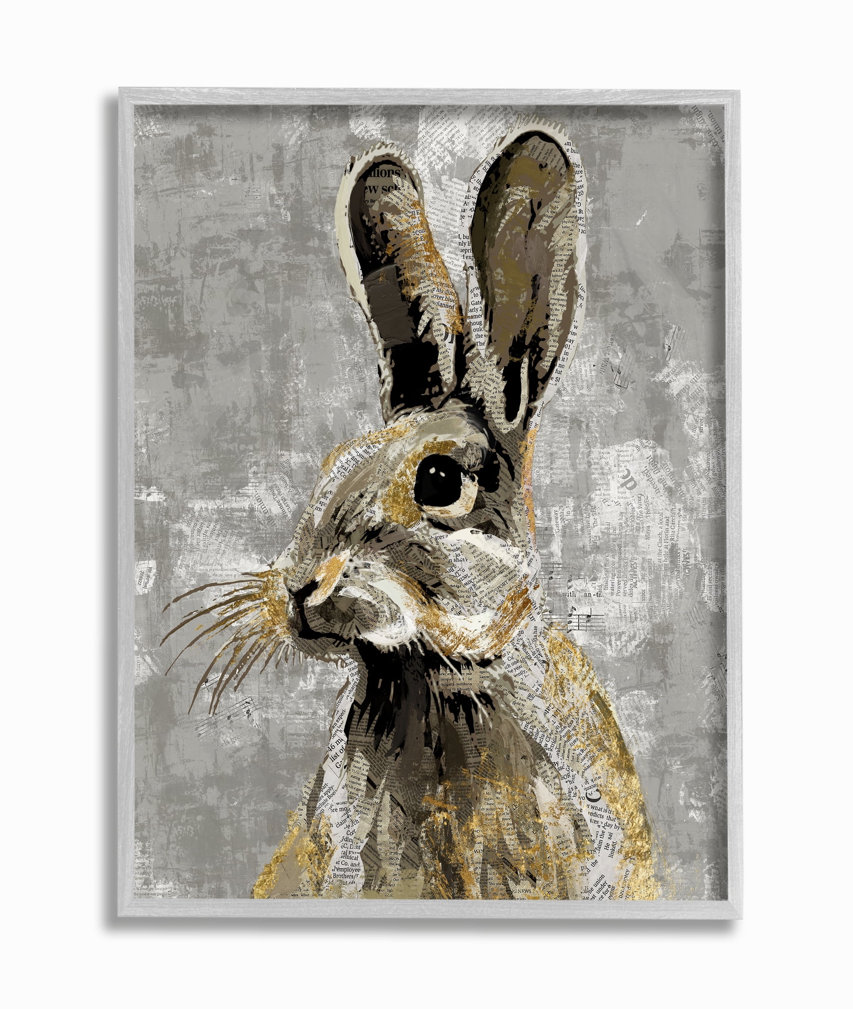 Stupell Industries Rabbit Newspaper Collage Gray Gold Design Framed Wall Art by Main Line Studio