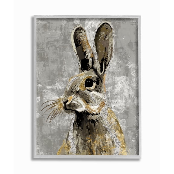 Stupell Industries Rabbit Newspaper Collage Gray Gold Design Framed Wall Art by Main Line Studio