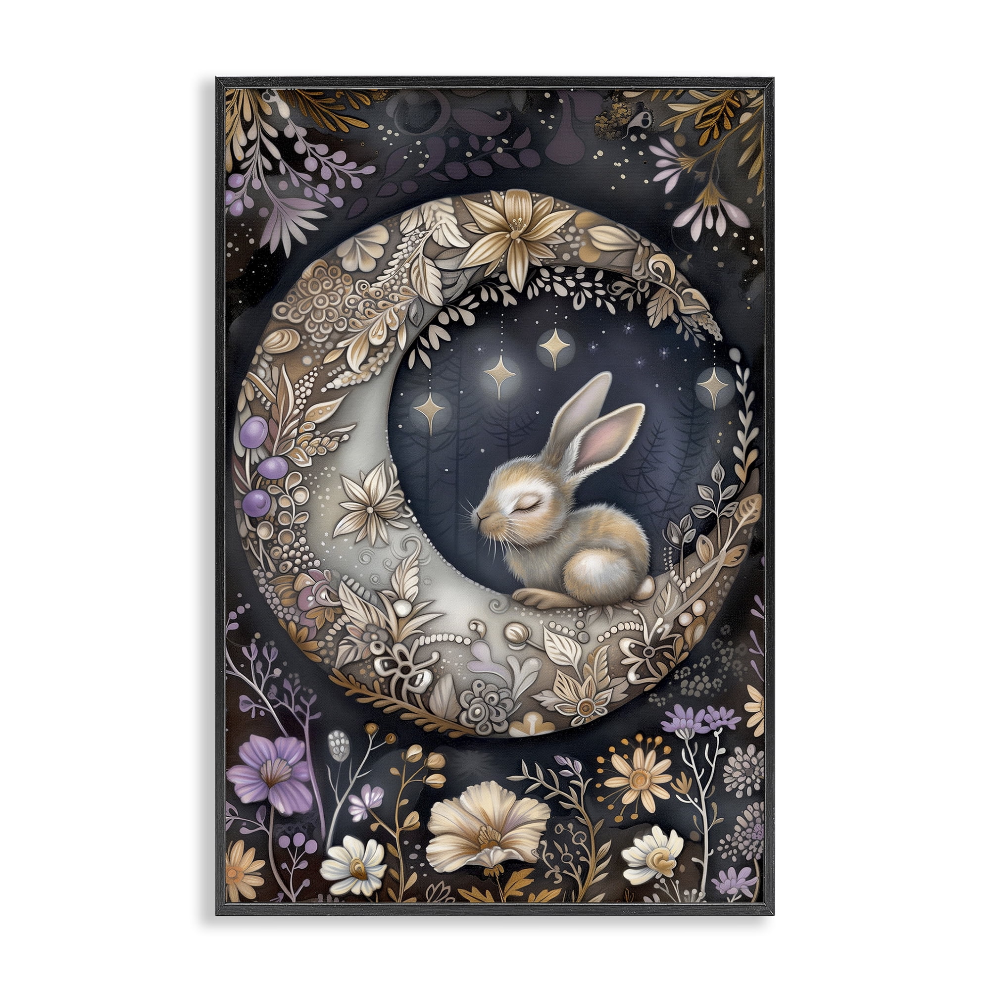 Stupell Industries Rabbit Sleeping on Moon Animals & Insects Painting Black Framed Art Print Wall Art, 16 x 24