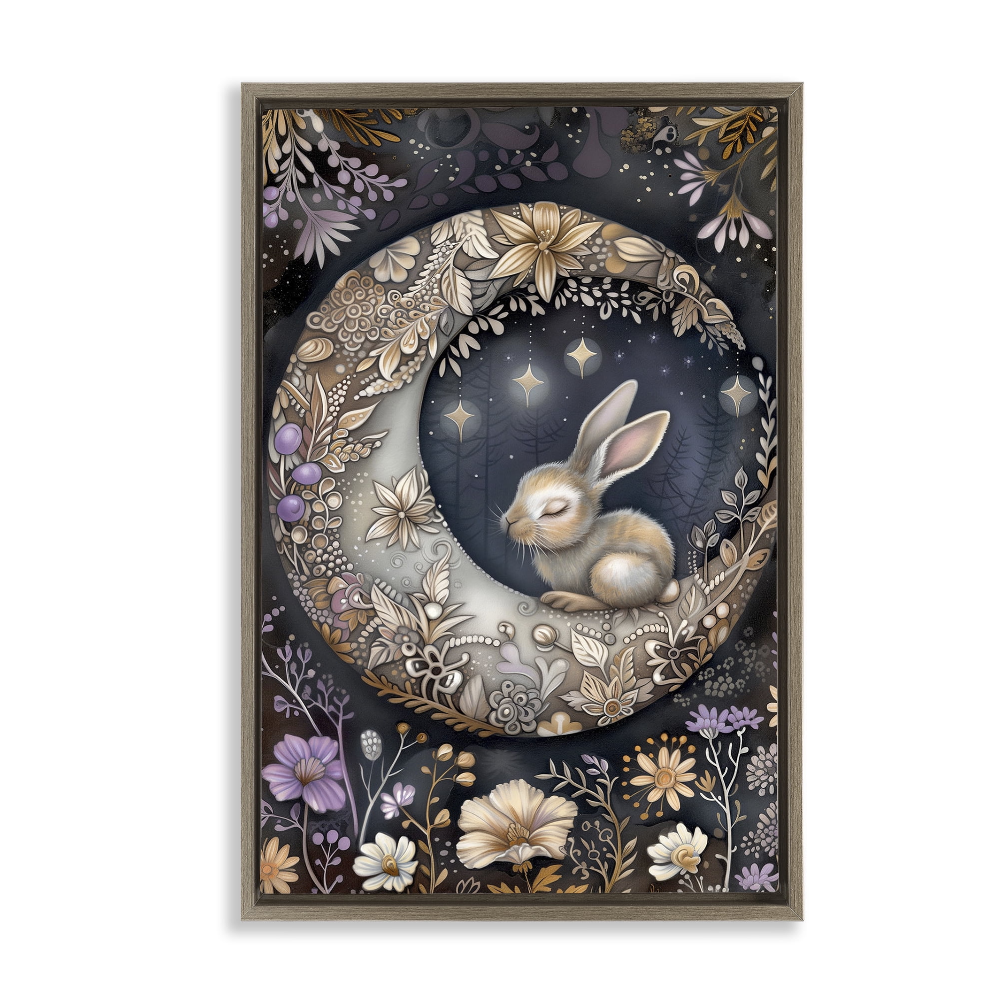 Stupell Industries Rabbit Sleeping on Moon Animals & Insects Painting Brown Floater Framed Art Print Wall Art, 17 x 25