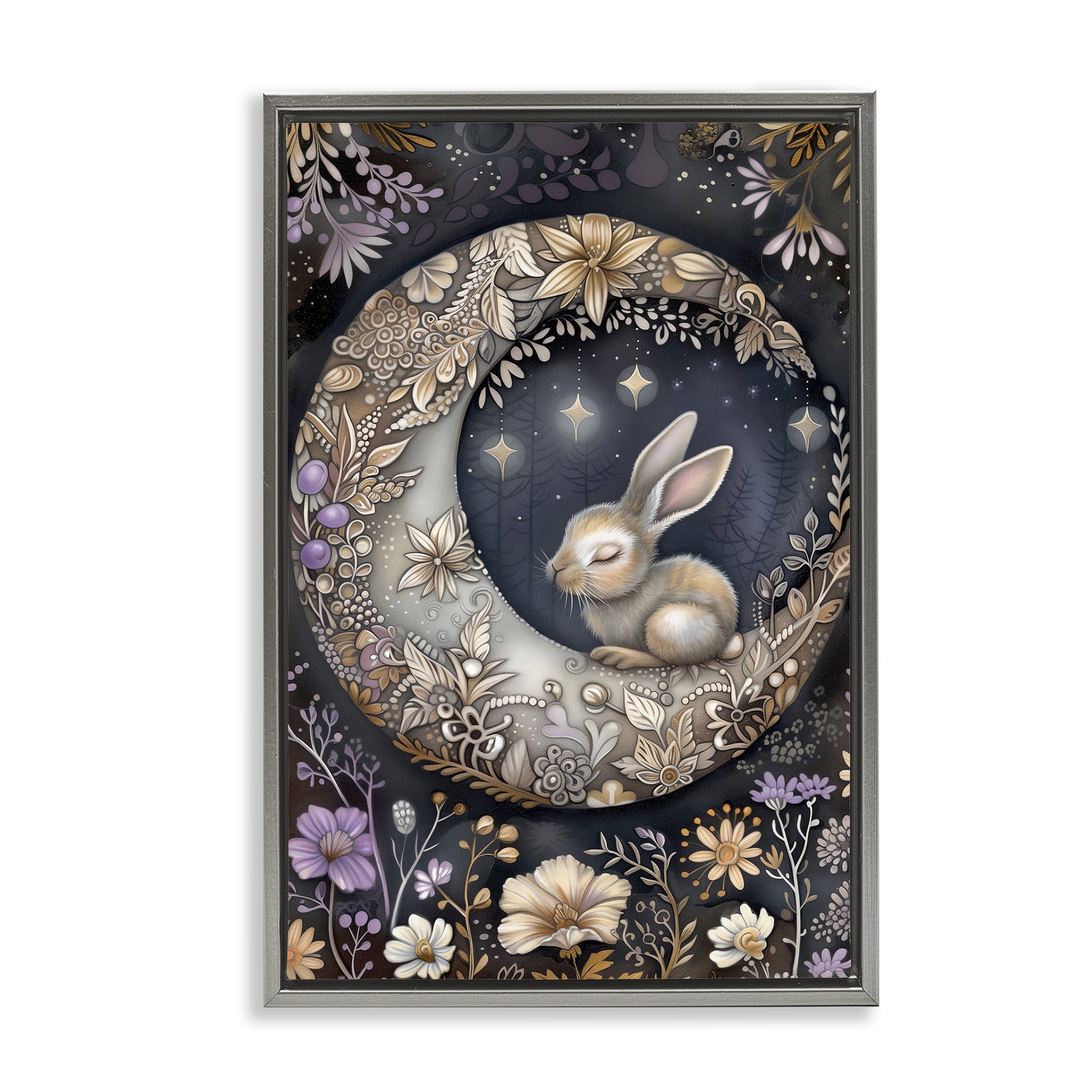 Stupell Industries Rabbit Sleeping on Moon Animals & Insects Painting Gray Floater Framed Art Print Wall Art, 21 x 31