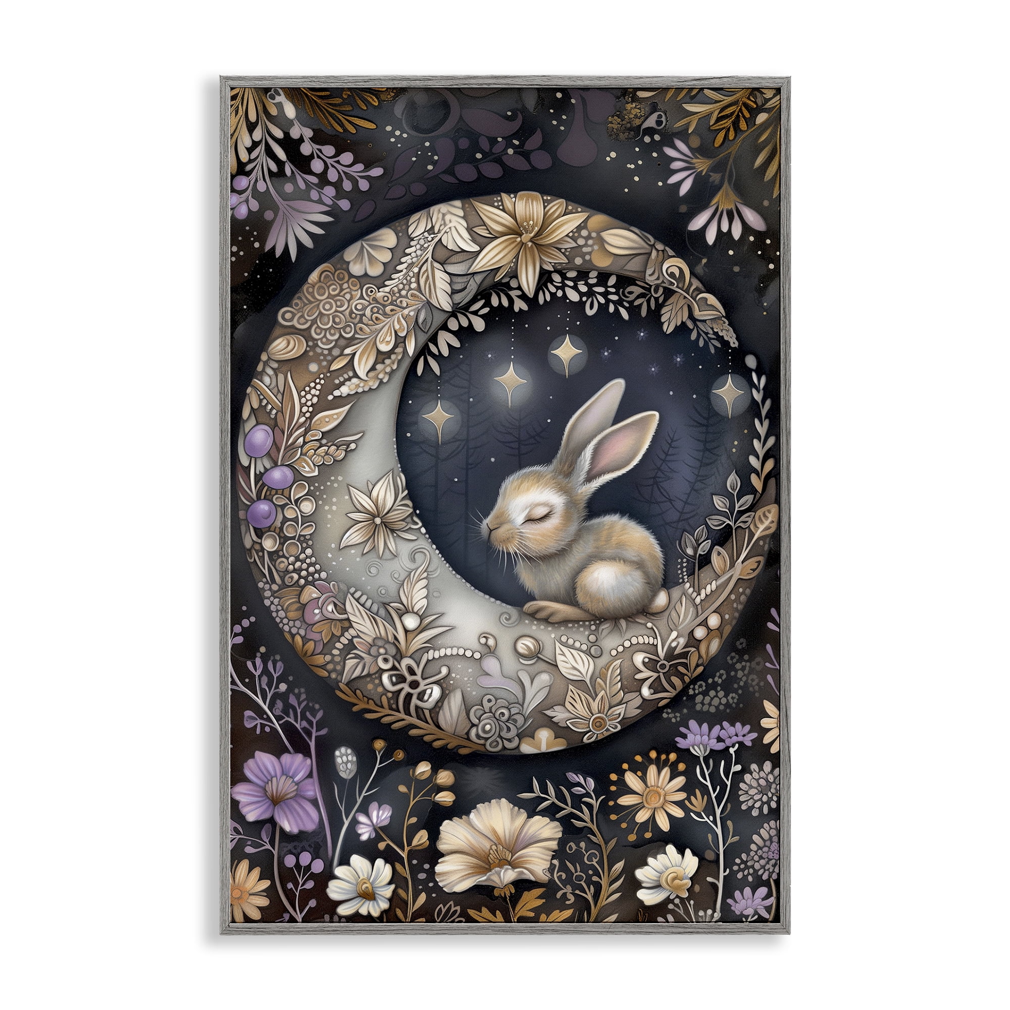 Stupell Industries Rabbit Sleeping on Moon Animals & Insects Painting Gray Framed Art Print Wall Art, 12 x 18