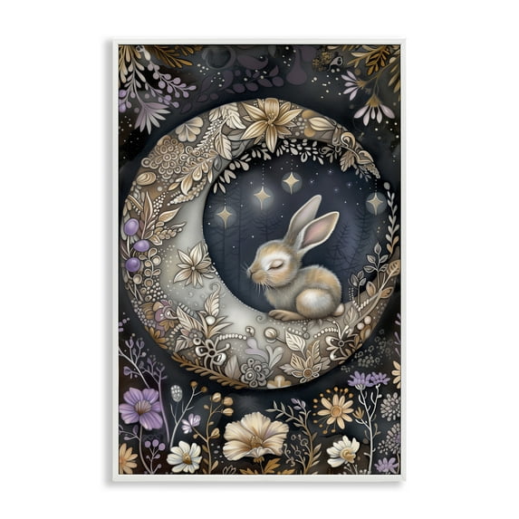 Stupell Industries Rabbit Sleeping on Moon Animals & Insects Painting White Framed Art Print Wall Art, 12 x 18