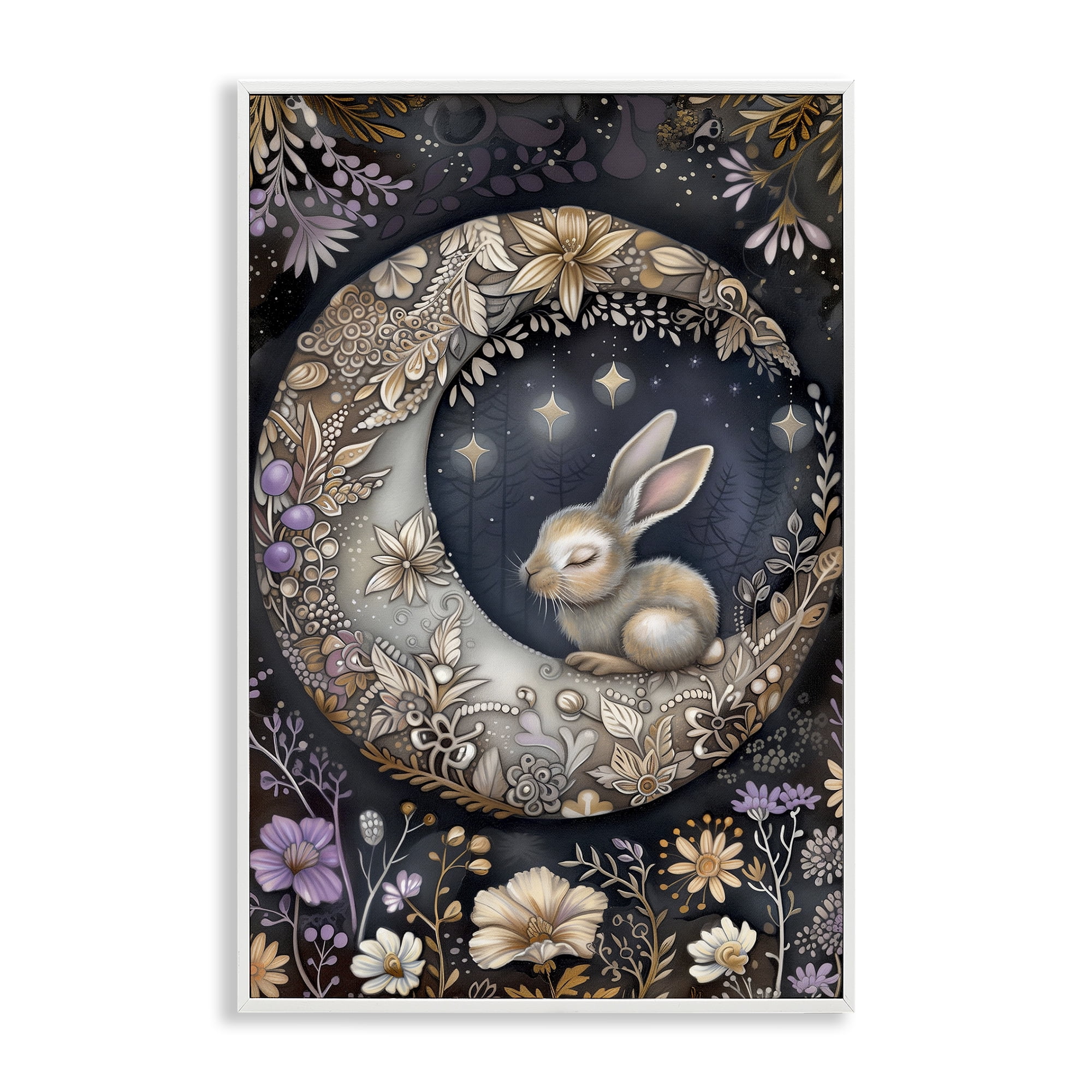 Stupell Industries Rabbit Sleeping on Moon Animals & Insects Painting White Framed Art Print Wall Art, 20 x 30