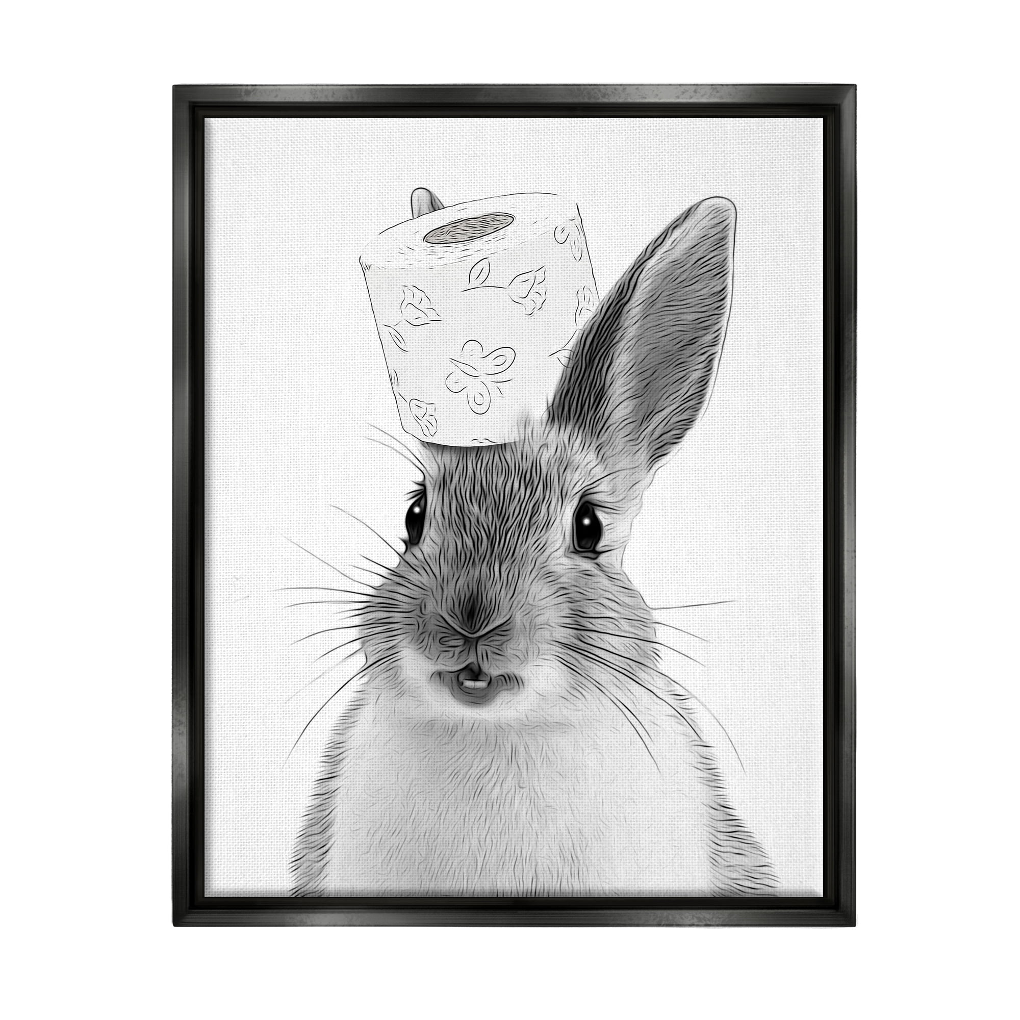 Stupell Industries Rabbit & Toilet Paper Bathroom Animals & Insects Painting Black Floater Framed Art Print Wall Art