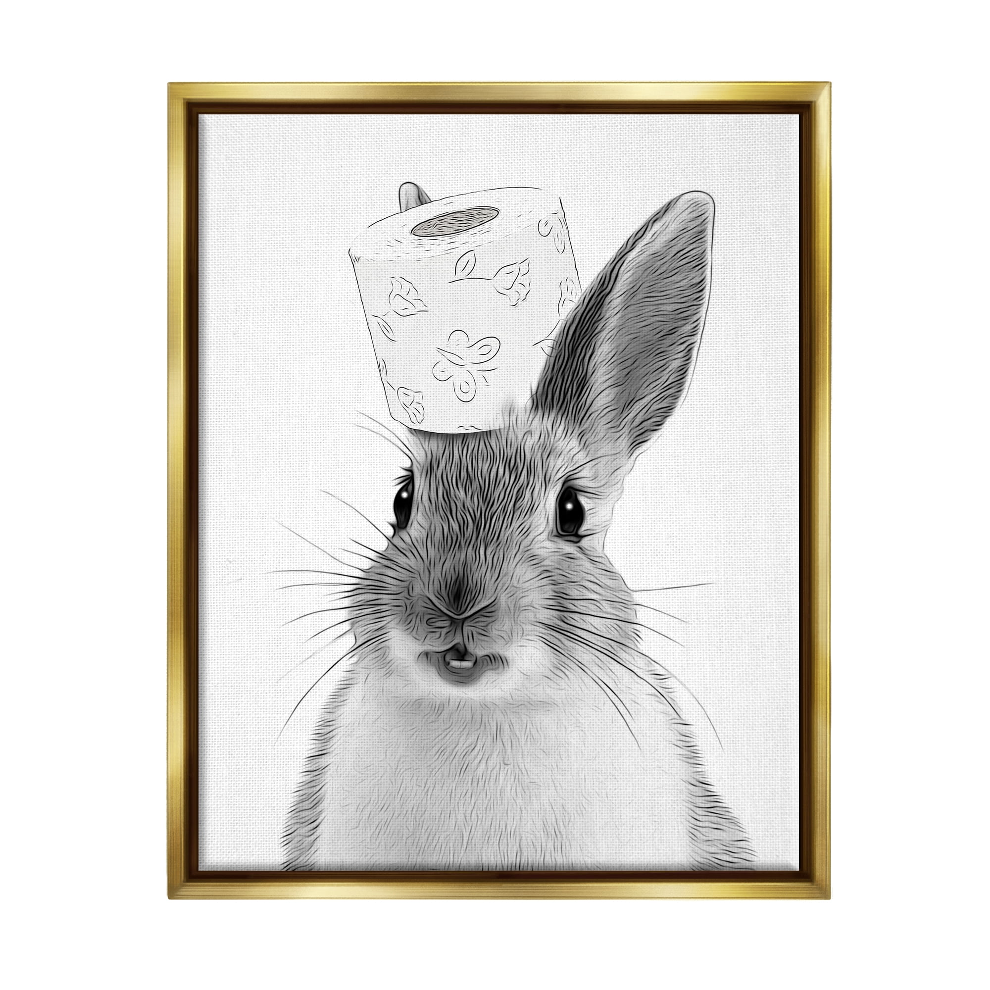 Stupell Industries Rabbit & Toilet Paper Bathroom Animals & Insects Painting Gold Floater Framed Art Print Wall Art