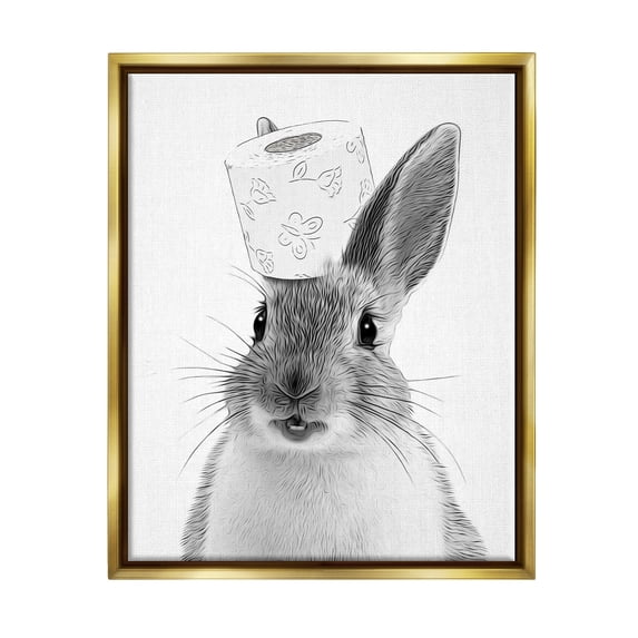 Stupell Industries Rabbit & Toilet Paper Bathroom Animals & Insects Painting Gold Floater Framed Art Print Wall Art