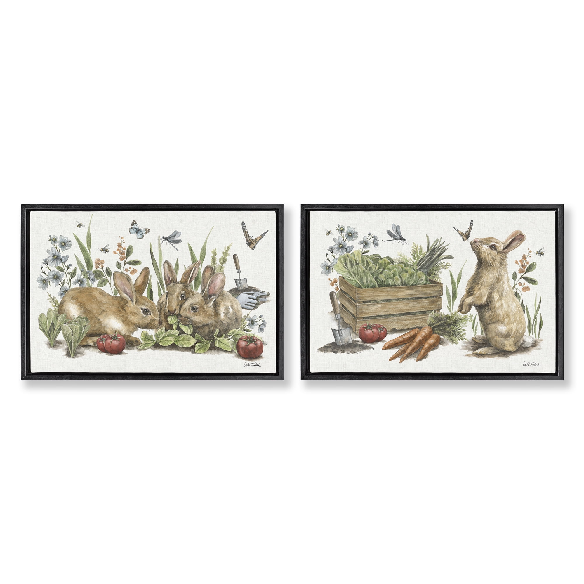 Stupell Industries Rabbit Vegetable Garden Party Animals Painting Black Floater Framed Canvas Art Print Wall Art, 31 x 21, Set of 2