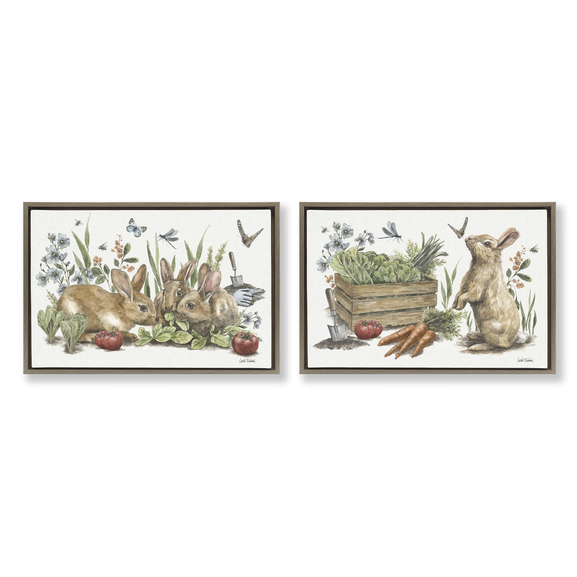 Stupell Industries Rabbit Vegetable Garden Party Animals Painting Brown Floater Framed Canvas Art Print Wall Art, 31 x 21, Set of 2