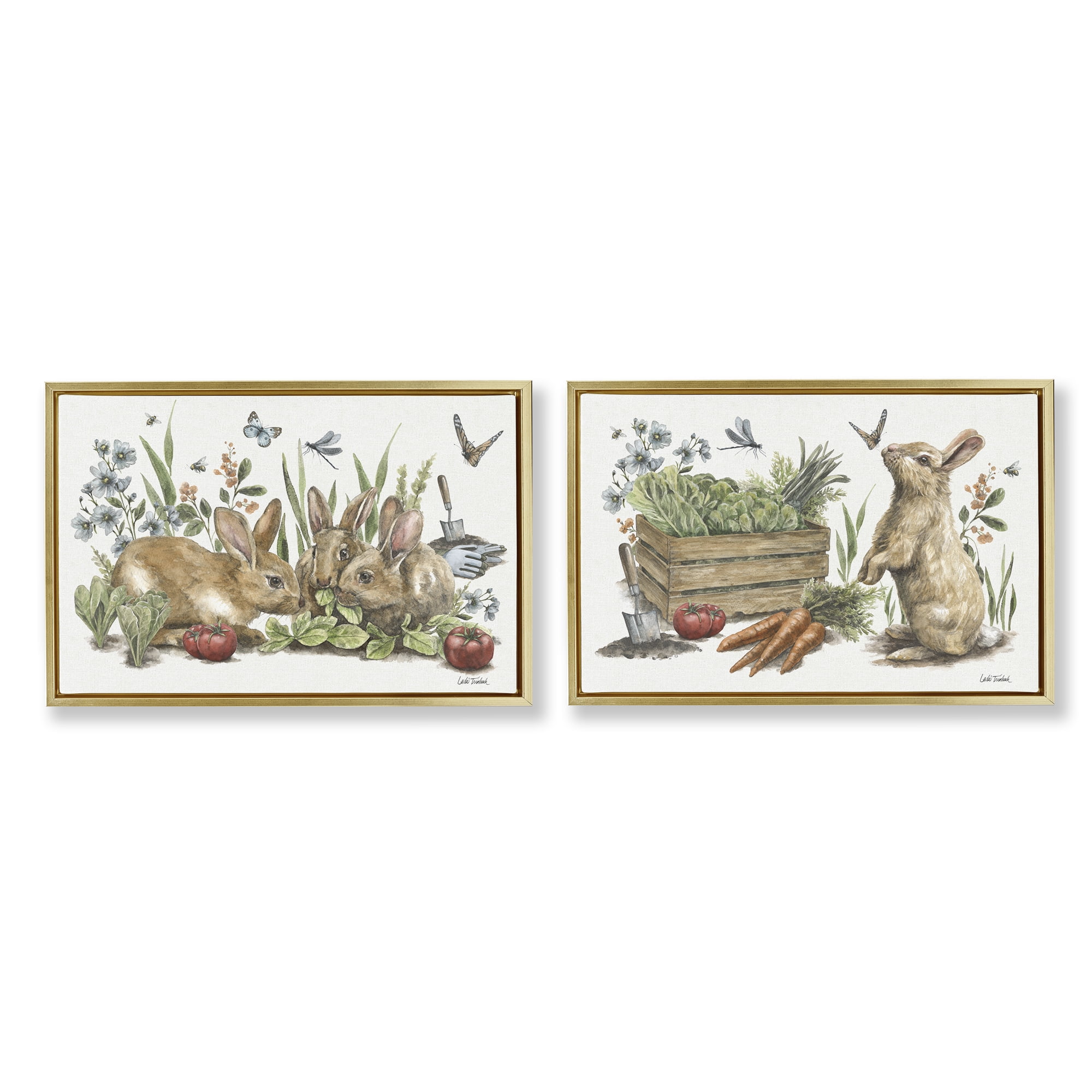 Stupell Industries Rabbit Vegetable Garden Party Animals Painting Gold Floater Framed Canvas Art Print Wall Art, 31 x 21, Set of 2