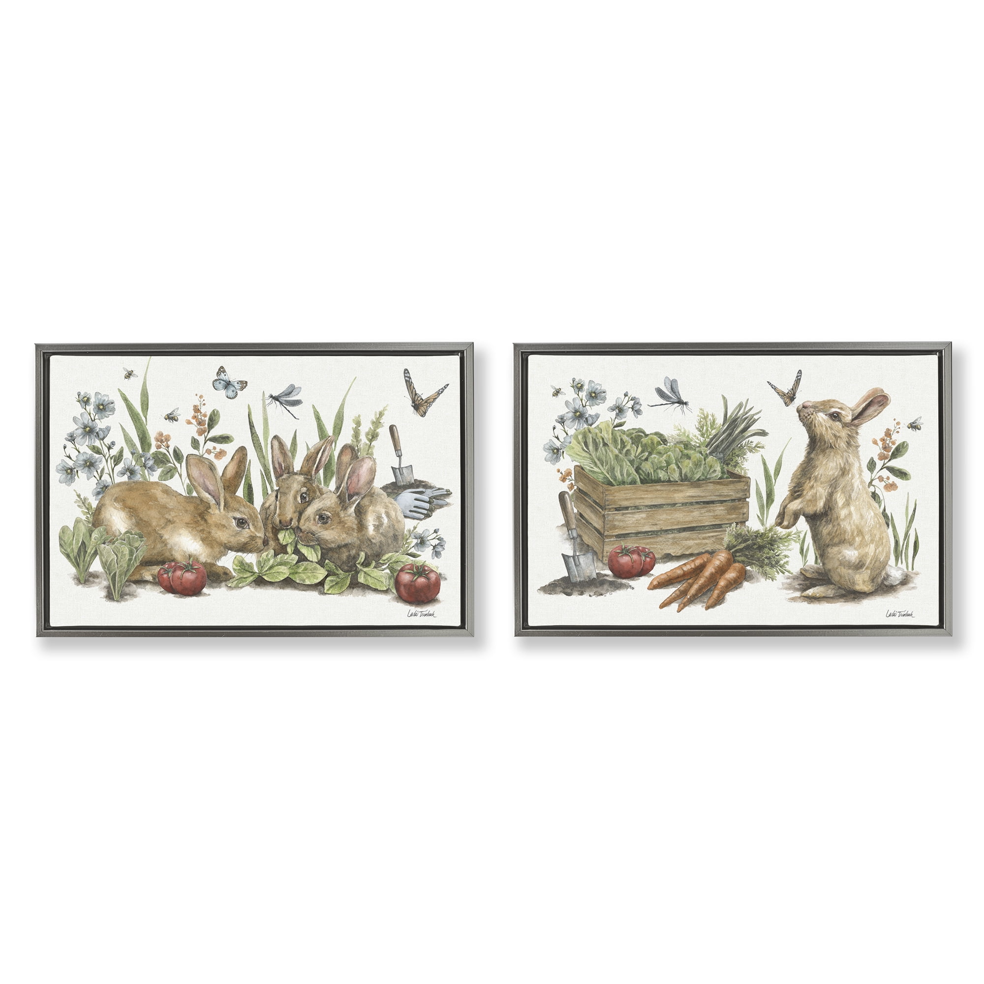 Stupell Industries Rabbit Vegetable Garden Party Animals Painting Gray Floater Framed Canvas Art Print Wall Art, 31 x 21, Set of 2