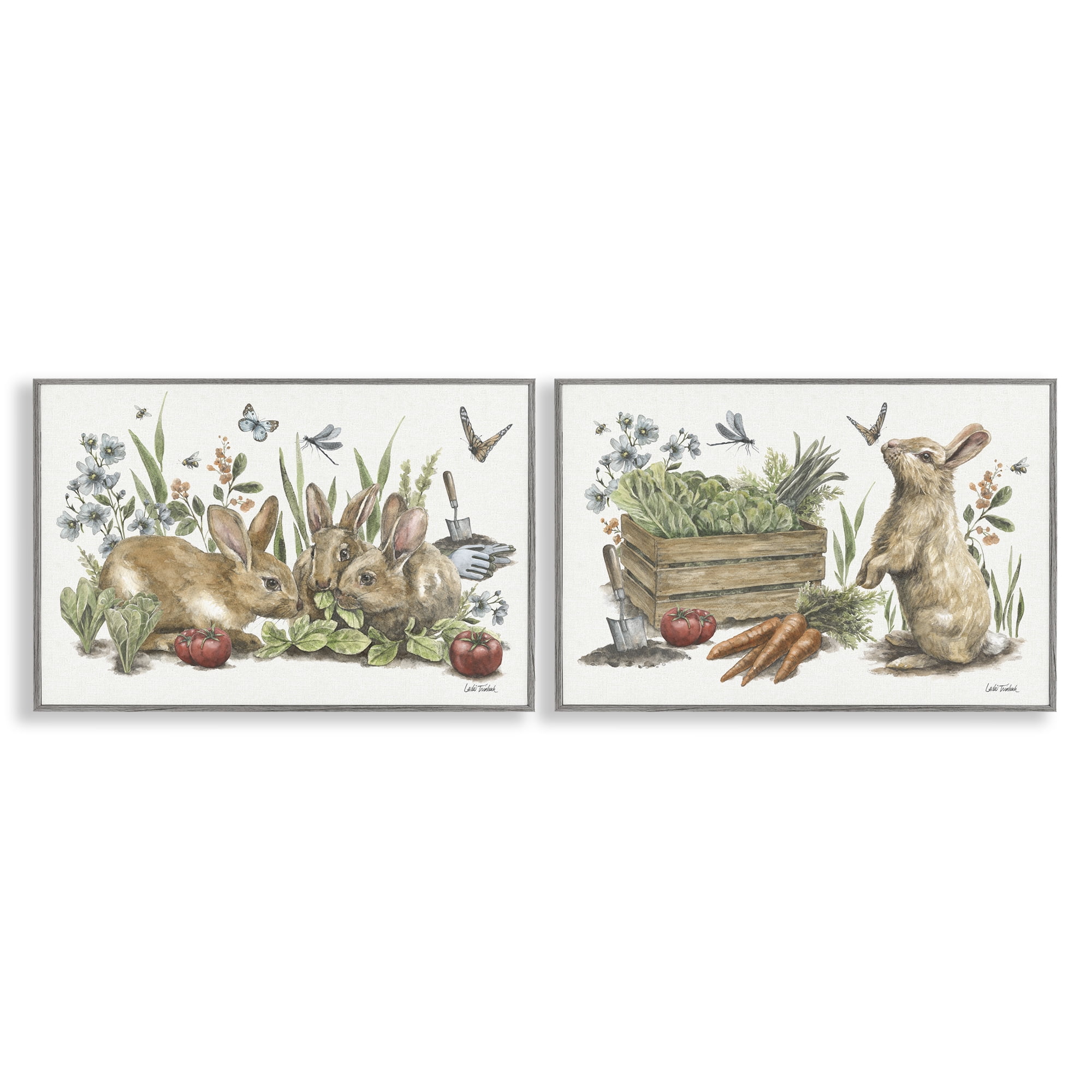 Stupell Industries Rabbit Vegetable Garden Party Animals Painting Gray Framed Art Print Wall Art, 24 x 16, Set of 2