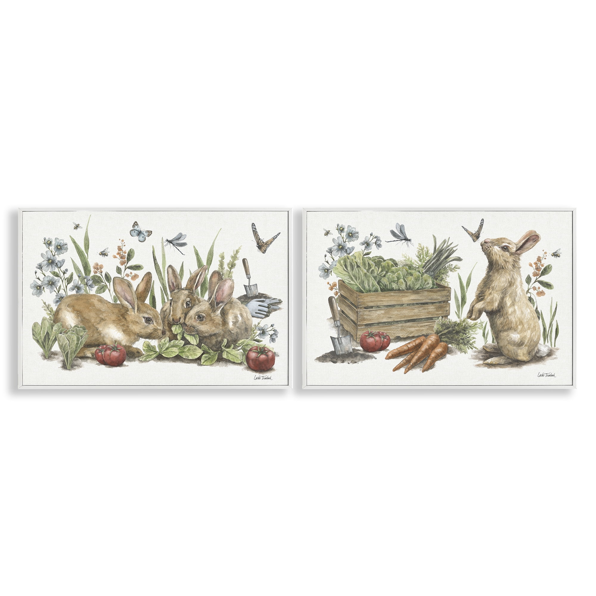Stupell Industries Rabbit Vegetable Garden Party Animals Painting White Framed Art Print Wall Art, 24 x 16, Set of 2
