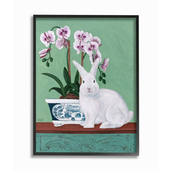 Stupell Industries Rabbit and Flowers Pink Green Animal Painting Black Framed Art Print Wall Art, 24x30, by Sally B