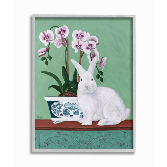 Stupell Industries Rabbit and Flowers Pink Green Animal Painting Framed Wall Art by Sally B