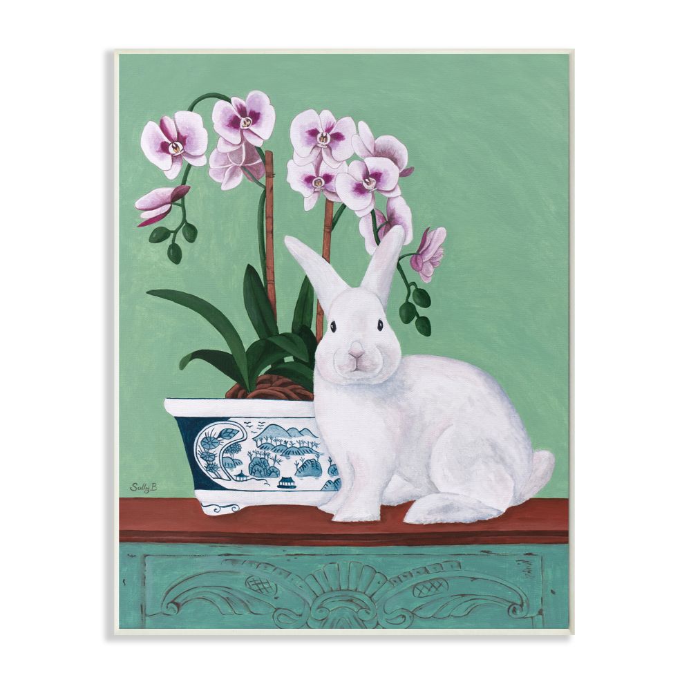 Stupell Industries Rabbit and Flowers Pink Green Animal Painting Wall Plaque by Sally B