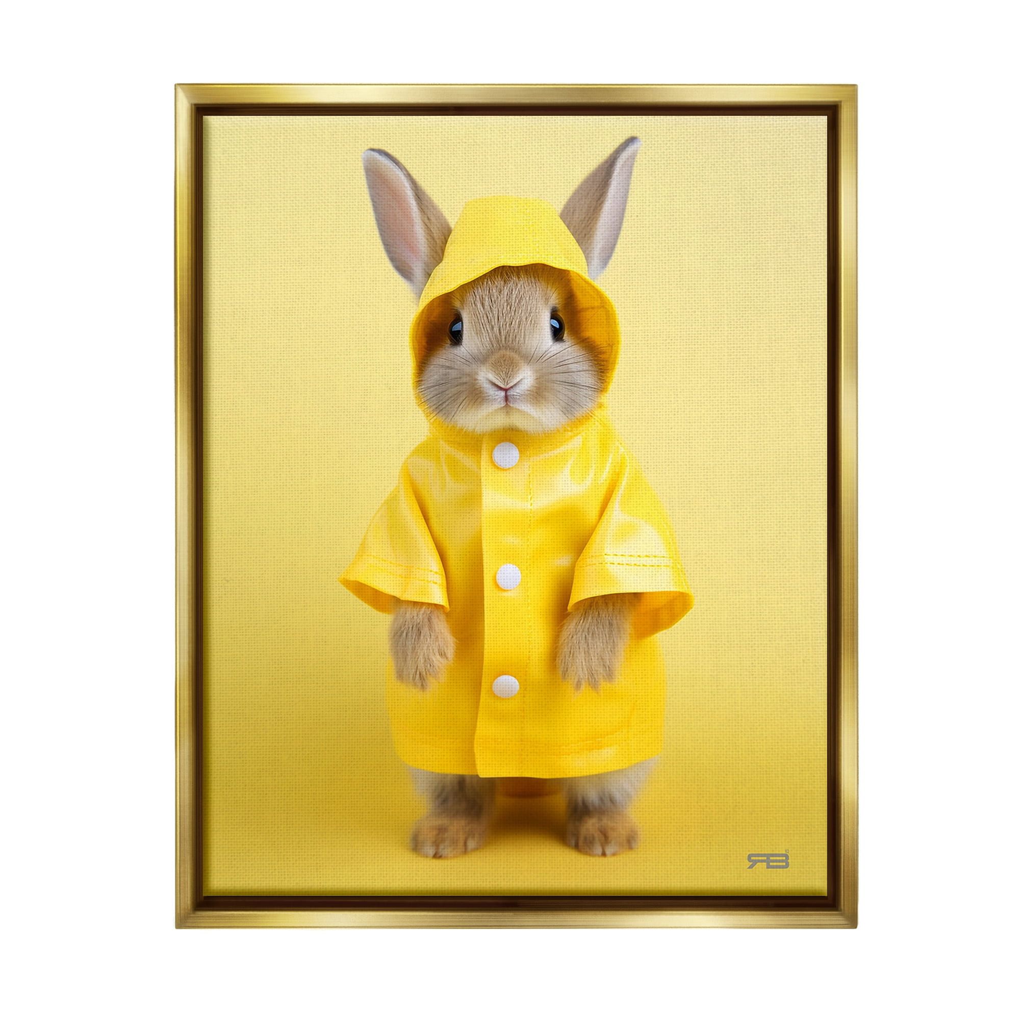 Stupell Industries Rabbit in Rain Coat Animals & Insects Painting Gold Floater Framed Canvas Art Print Wall Art, 25 x 31