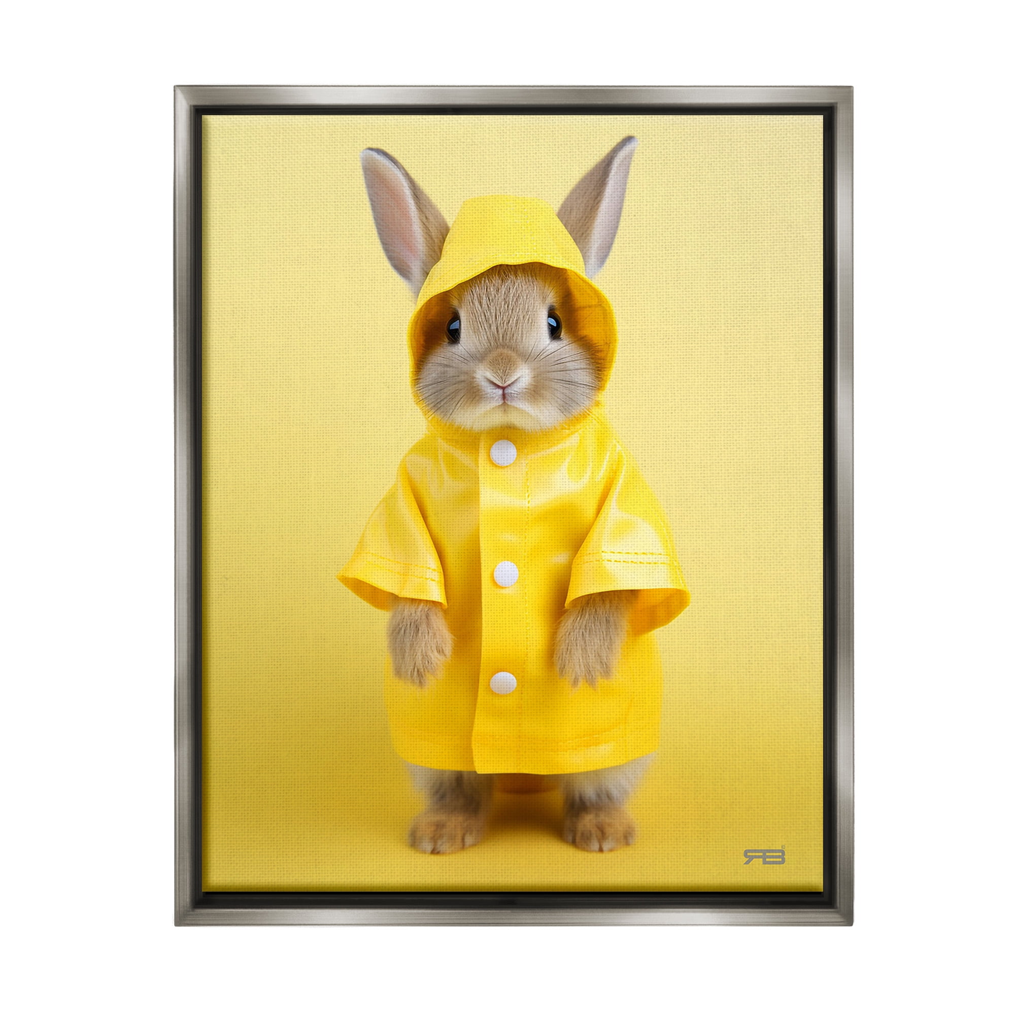 Stupell Industries Rabbit in Rain Coat Animals & Insects Painting Gray Floater Framed Canvas Art Print Wall Art, 17 x 21