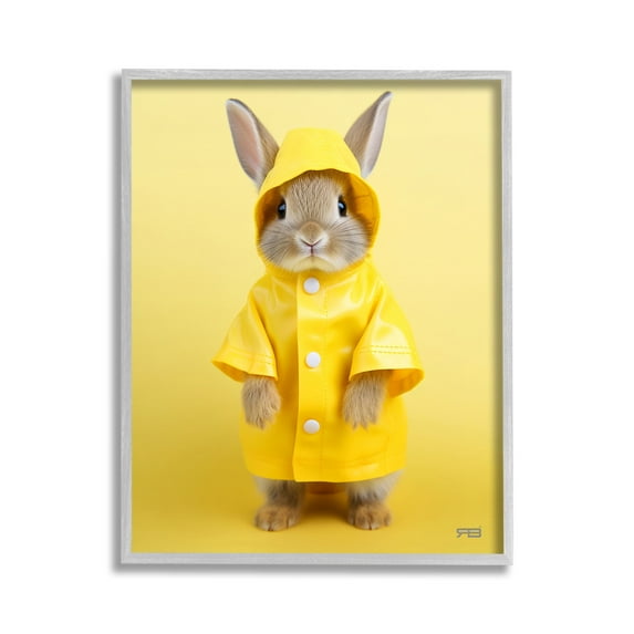Stupell Industries Rabbit in Rain Coat Animals & Insects Painting Gray Framed Art Print Wall Art, 11 x 14