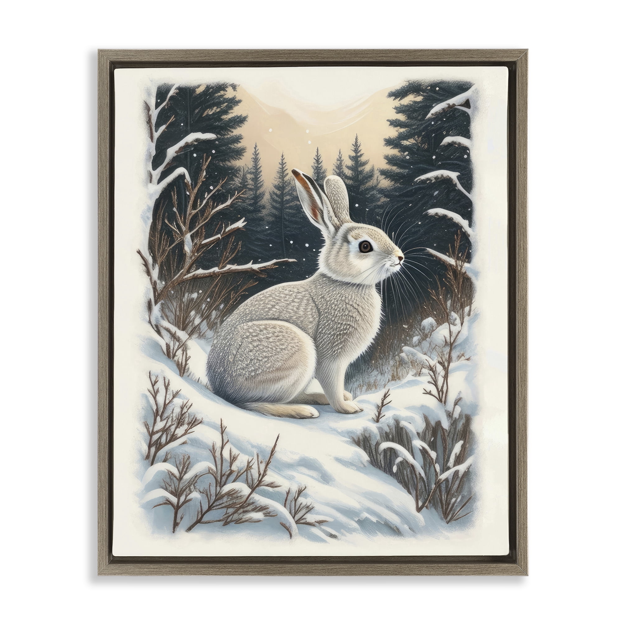 Stupell Industries Rabbit in Winter Forest Animals & Insects Painting Brown Floater Framed Canvas Art Print Wall Art, 25 x 31