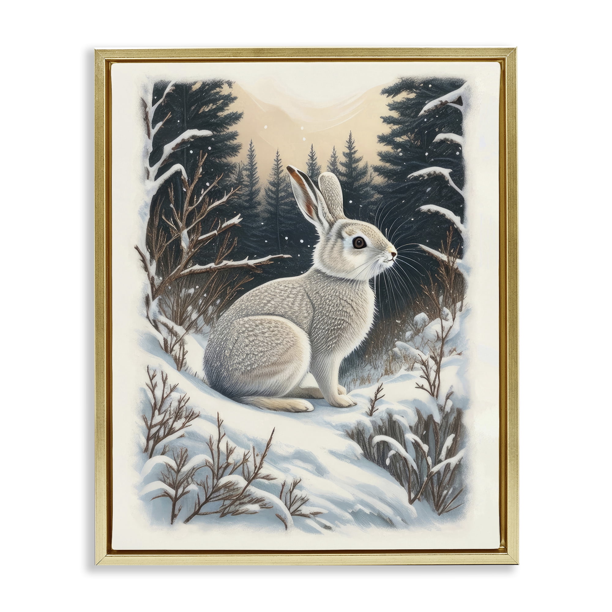 Stupell Industries Rabbit in Winter Forest Animals & Insects Painting Gold Floater Framed Canvas Art Print Wall Art, 17 x 21