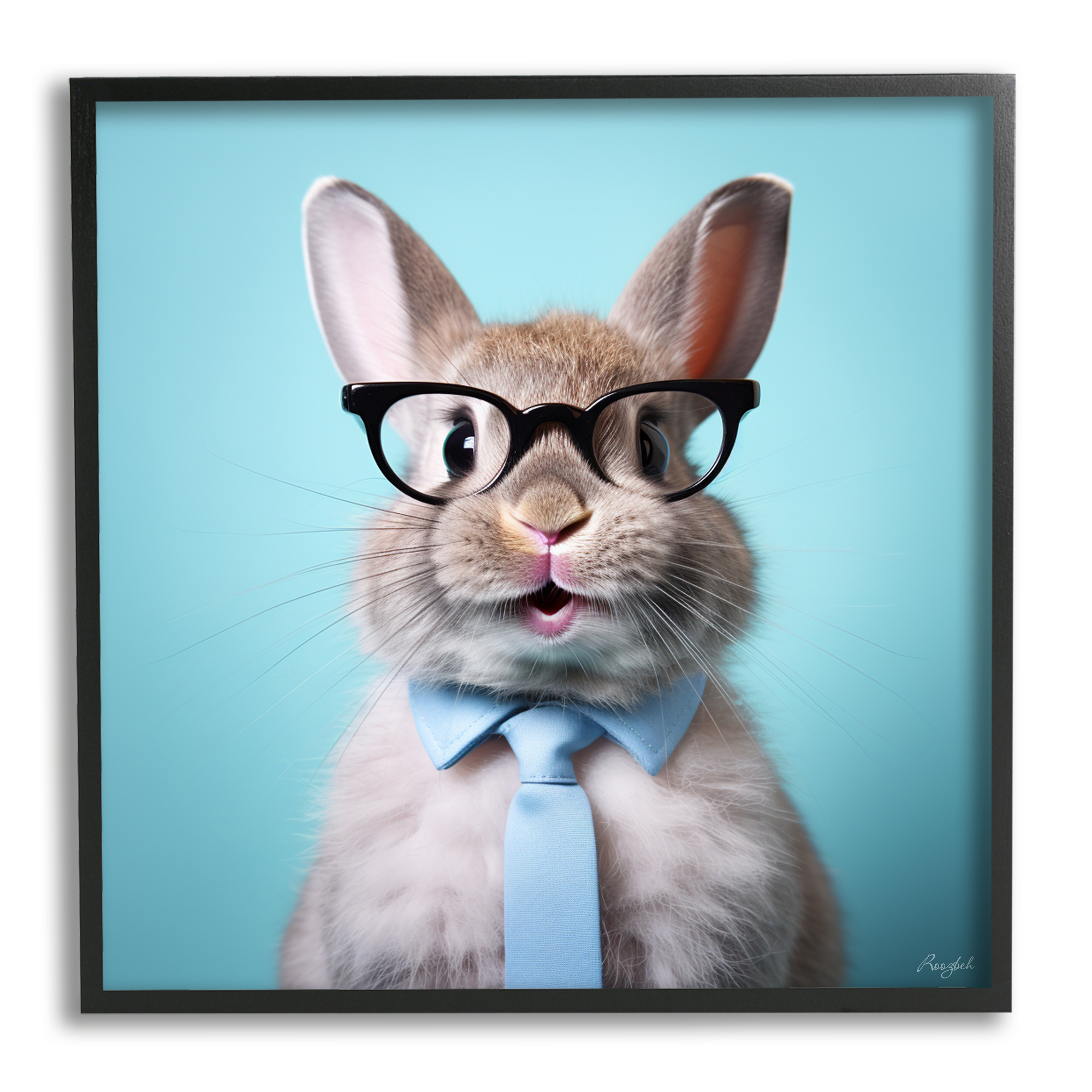 Stupell Industries Rabbit on Blue Portrait Animals & Insects Painting Black Framed Art Print Wall Art, 17 x 17