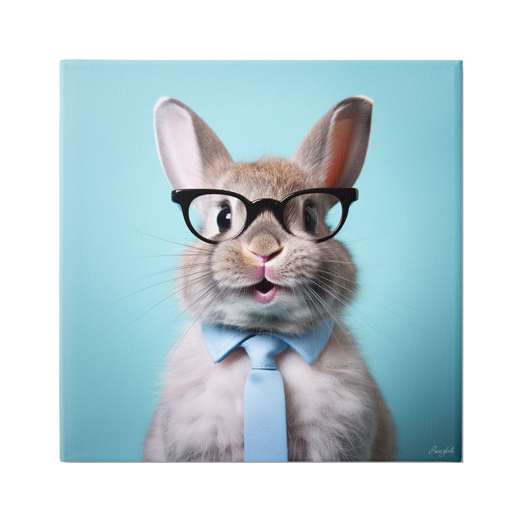 Stupell Industries Rabbit on Blue Portrait Animals & Insects Painting Gallery Wrapped Canvas Art Print Wall Art, 17 x 17