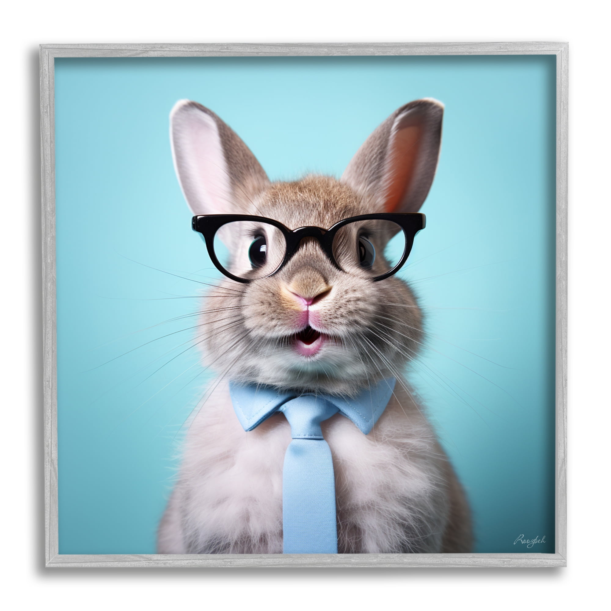 Stupell Industries Rabbit on Blue Portrait Animals & Insects Painting Gray Framed Art Print Wall Art, 17 x 17