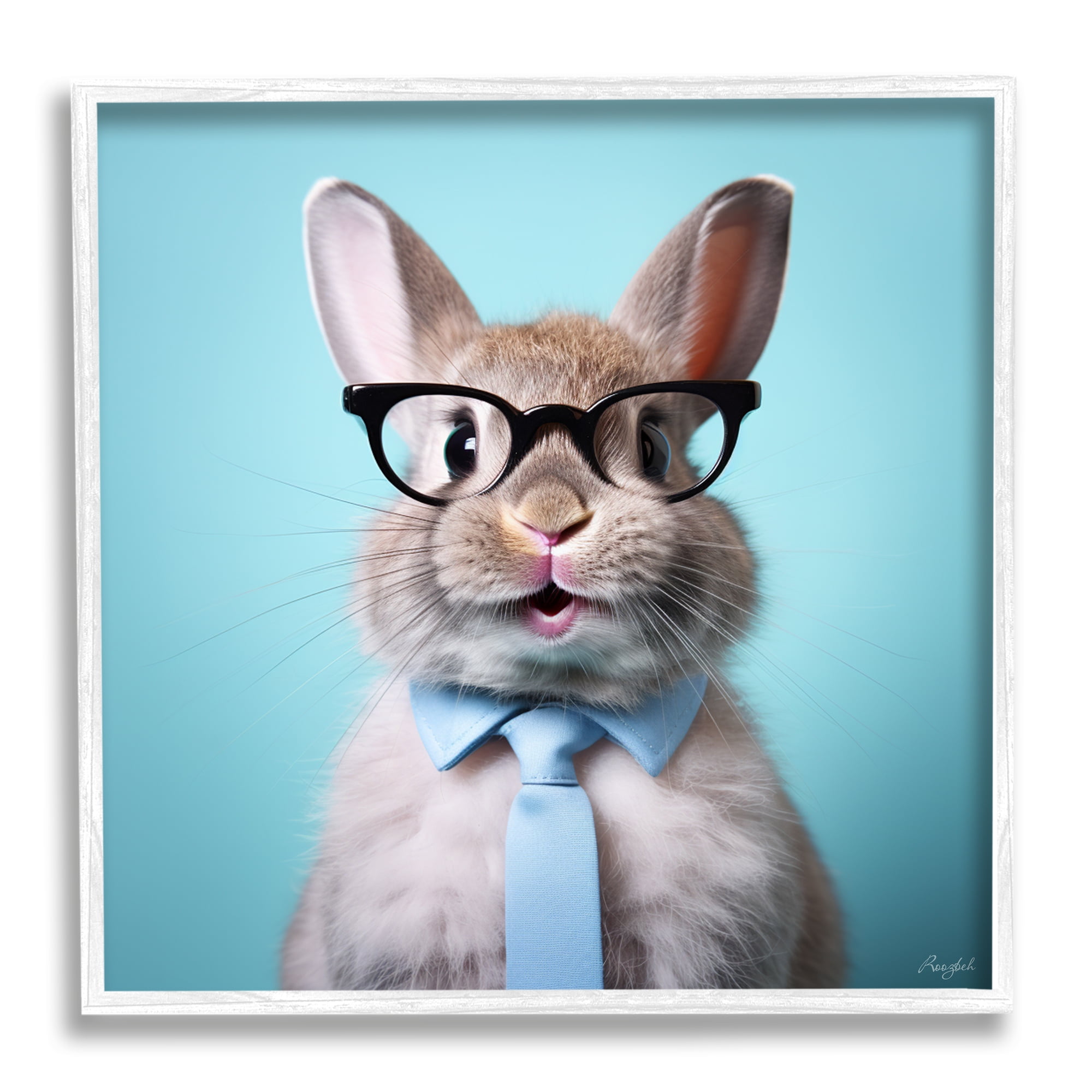 Stupell Industries Rabbit on Blue Portrait Animals & Insects Painting White Framed Art Print Wall Art, 17 x 17