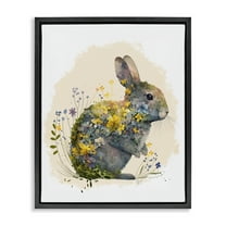 Stupell Industries Rabbit with Buttercup Flowers Animals & Insects Painting Black Floater Framed Canvas Art Print Wall Art, 17 x 21
