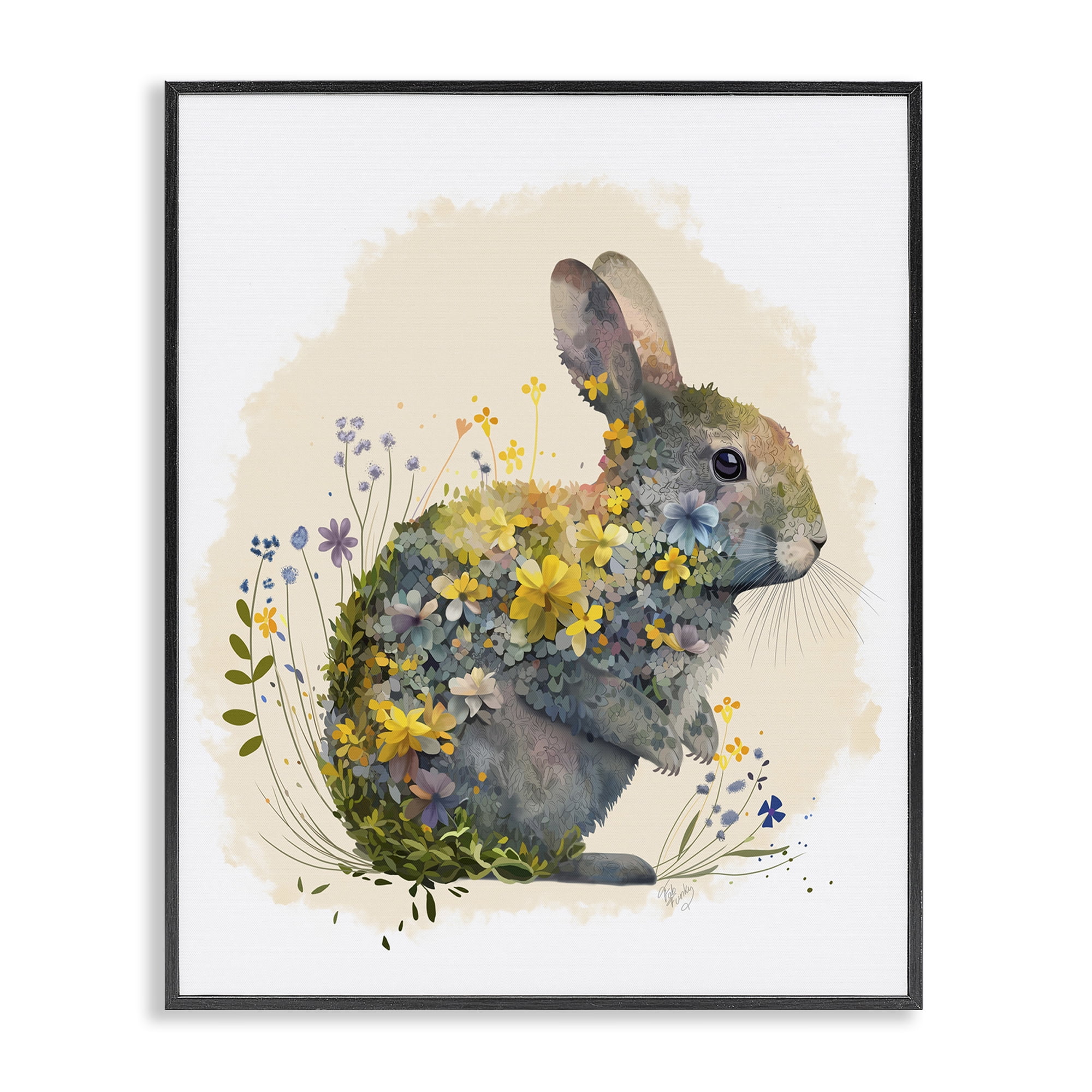 Stupell Industries Rabbit with Buttercup Flowers Animals & Insects Painting Black Framed Art Print Wall Art, 11 x 14