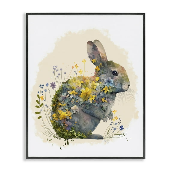 Stupell Industries Rabbit with Buttercup Flowers Animals & Insects Painting Black Framed Art Print Wall Art, 24 x 30