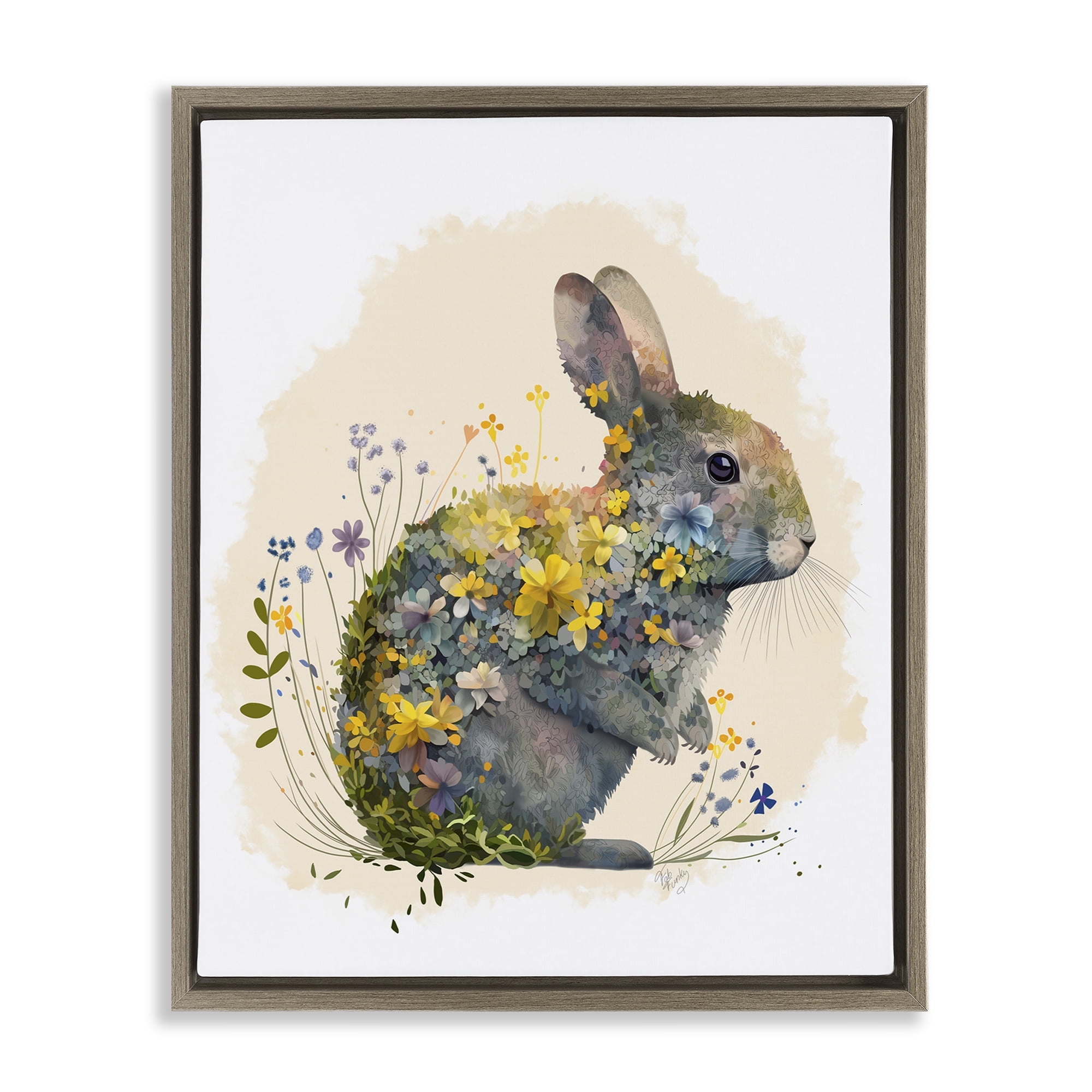 Stupell Industries Rabbit with Buttercup Flowers Animals & Insects Painting Brown Floater Framed Canvas Art Print Wall Art, 17 x 21
