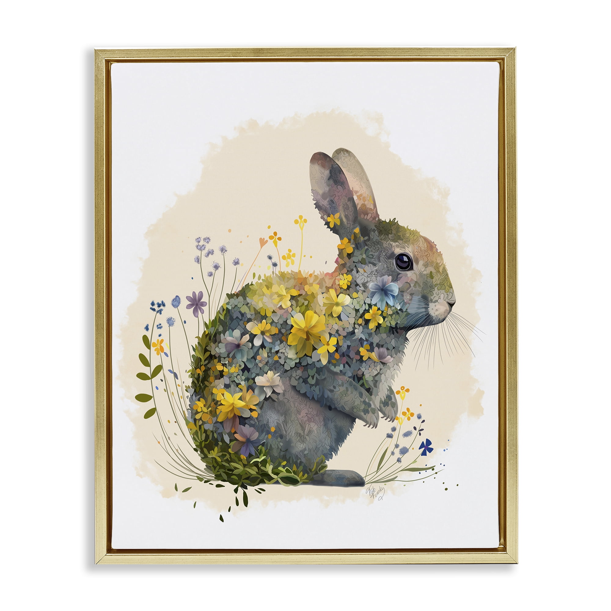 Stupell Industries Rabbit with Buttercup Flowers Animals & Insects Painting Gold Floater Framed Canvas Art Print Wall Art, 17 x 21