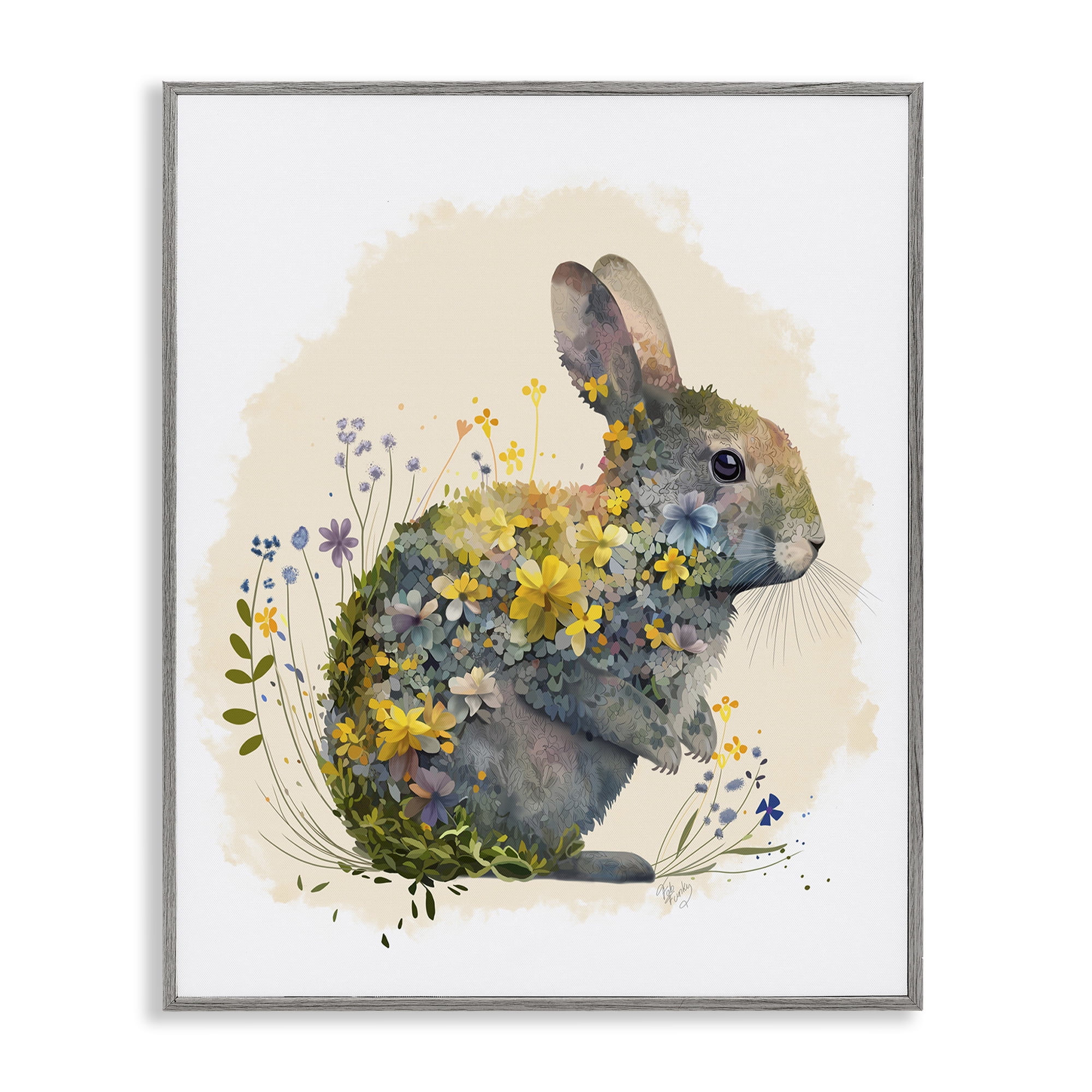 Stupell Industries Rabbit with Buttercup Flowers Animals & Insects Painting Gray Framed Art Print Wall Art, 11 x 14