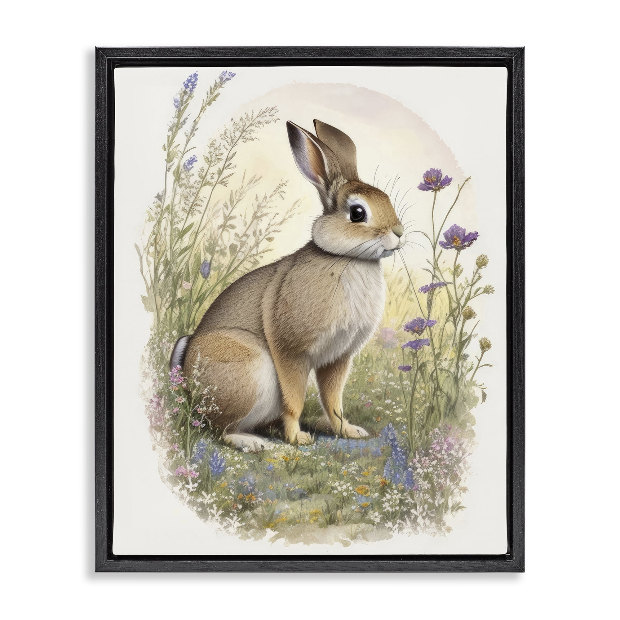 Stupell Industries Rabbit with Meadow Blooms Animals & Insects Painting Black Floater Framed Canvas Art Print Wall Art, 17 x 21