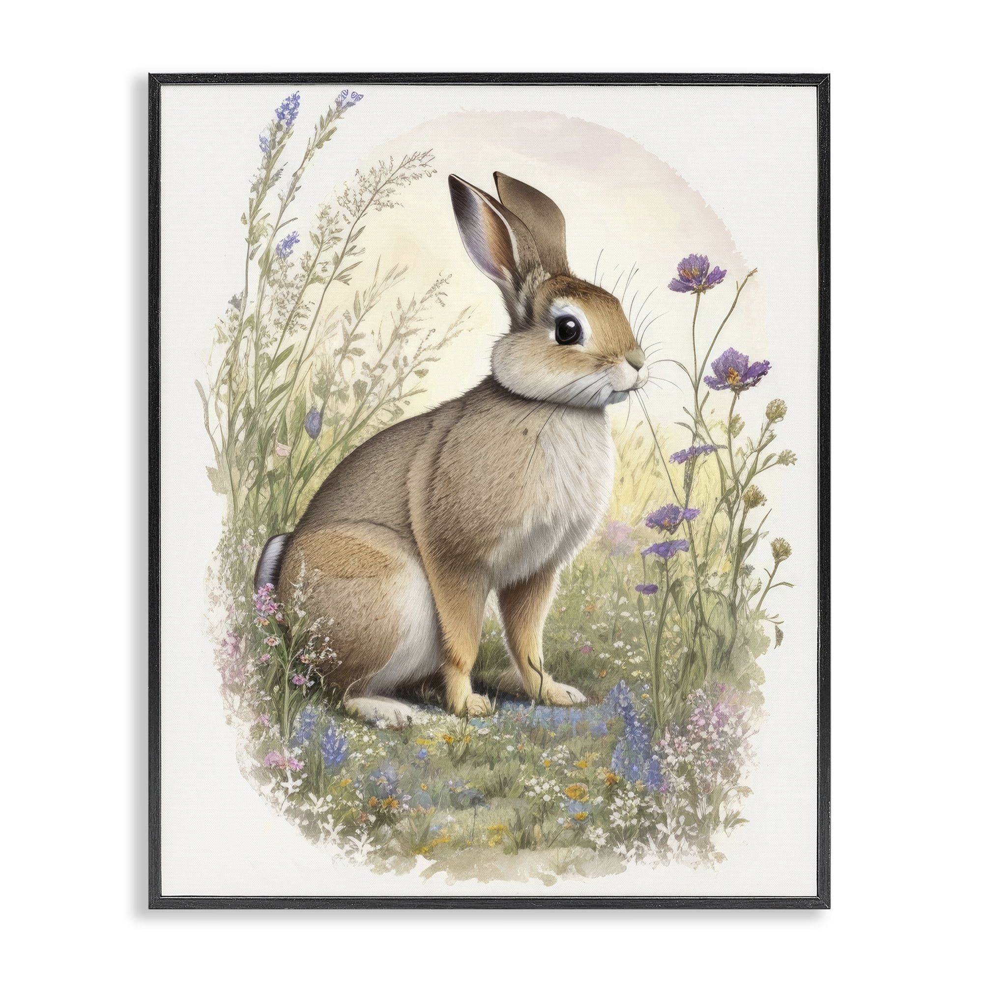 Stupell Industries Rabbit with Meadow Blooms Animals & Insects Painting Black Framed Art Print Wall Art, 11 x 14