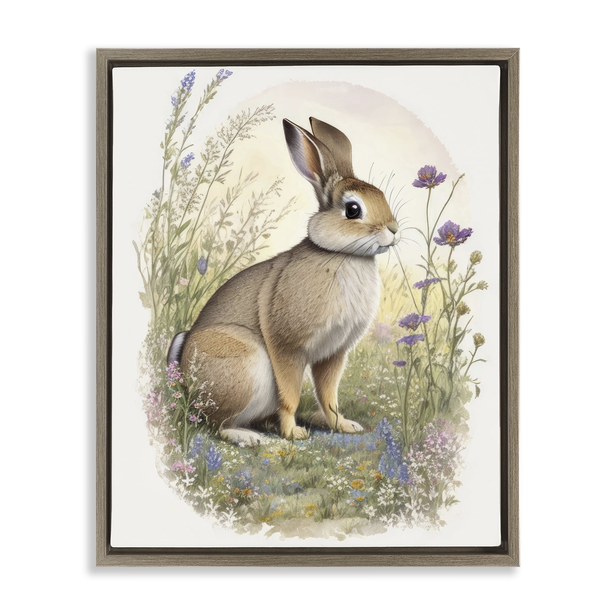 Stupell Industries Rabbit with Meadow Blooms Animals & Insects Painting Brown Floater Framed Canvas Art Print Wall Art, 17 x 21