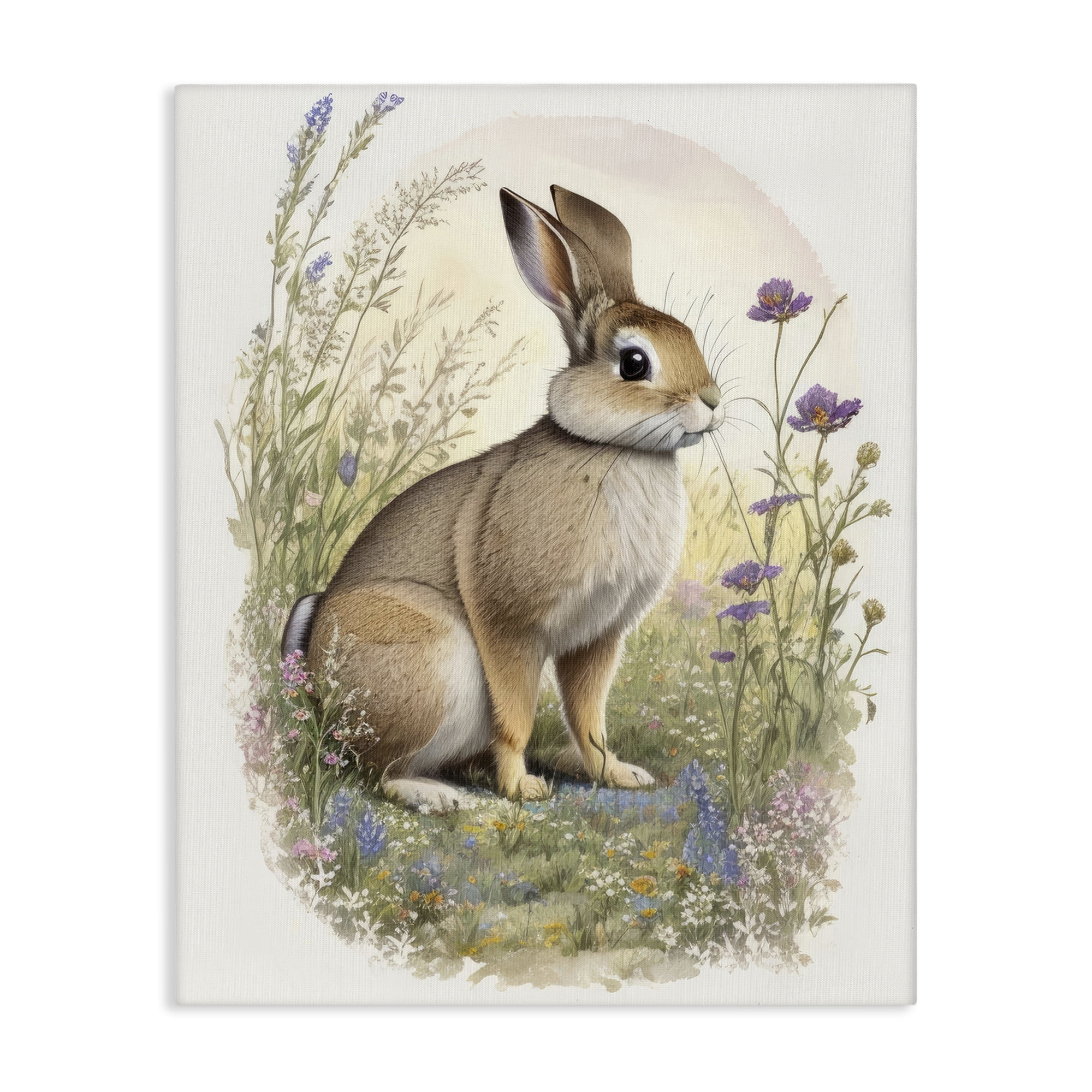 Stupell Industries Rabbit with Meadow Blooms Animals & Insects Painting Gallery Wrapped Canvas Art Print Wall Art, 36 x 48
